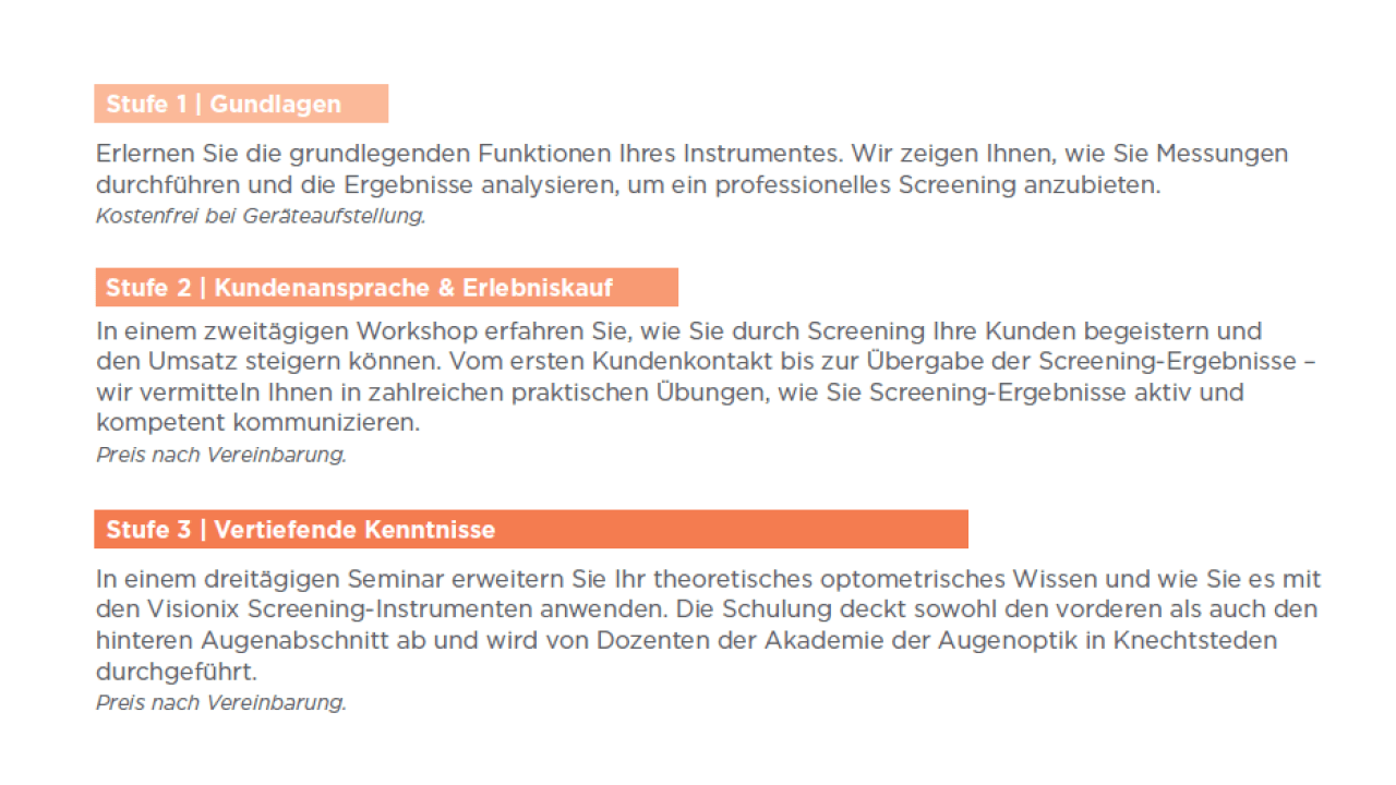 Visionix Schulungskonzept: Optometrisches Screening - Let us screen! 