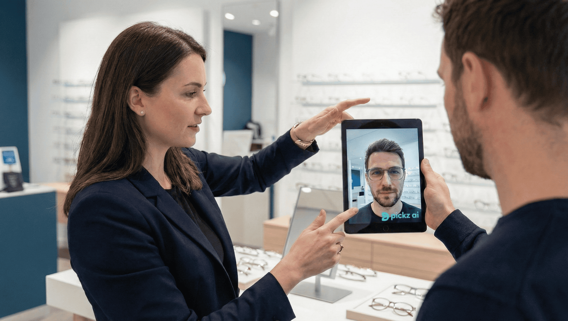 Eine Frau hält ein Tablet in der Hand, auf dem das Gesicht eines Mannes abgebildet ist, der vor ihr steht. Die Umgebung scheint ein Brillengeschäft zu sein, mit Vitrinen und Brillen im Hintergrund.