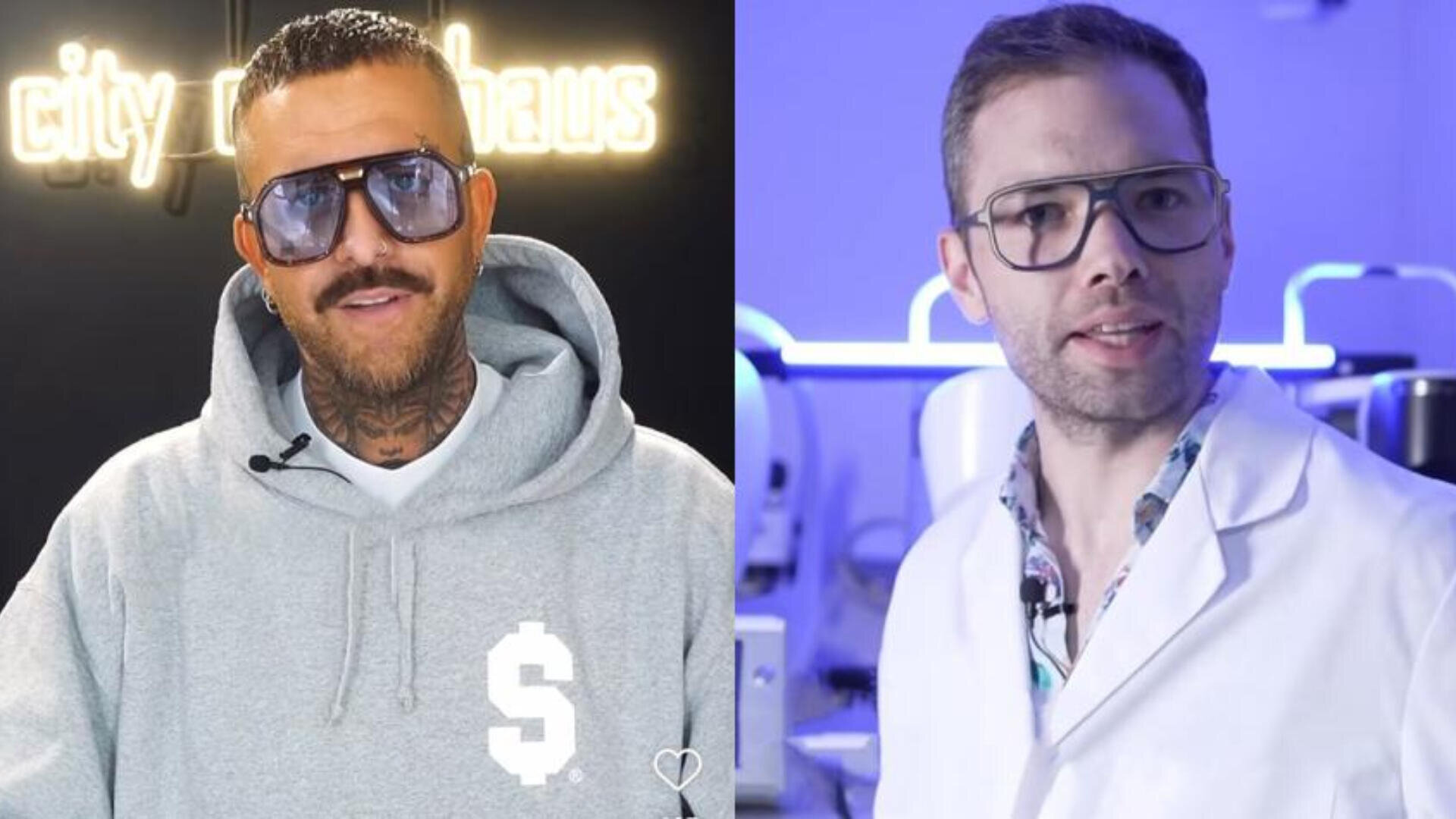 Geteiltes Bild: Links steht ein Mann mit Tattoos, Sonnenbrille und grauem Kapuzenpullover vor einer Leuchtreklame. Rechts steht ein Mann mit weißem Kittel und Brille in einer blau beleuchteten Laborumgebung.