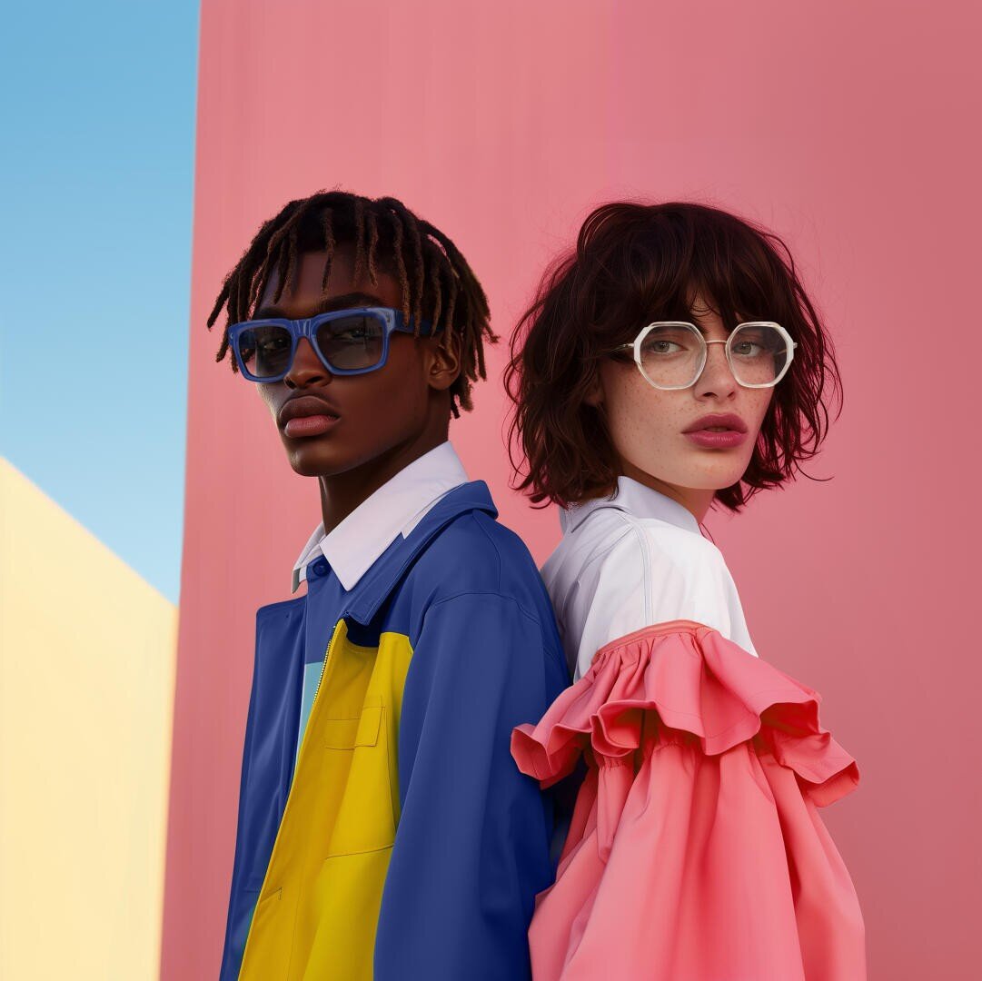 Ein junger Mann und eine junge Frau stehen Rücken an Rücken vor bunten Wänden. Er trägt eine blaue Sonnenbrille und eine blau-gelbe Jacke, sie eine große Brille und ein rosa Rüschentop. Beide haben einen ernsten Gesichtsausdruck.