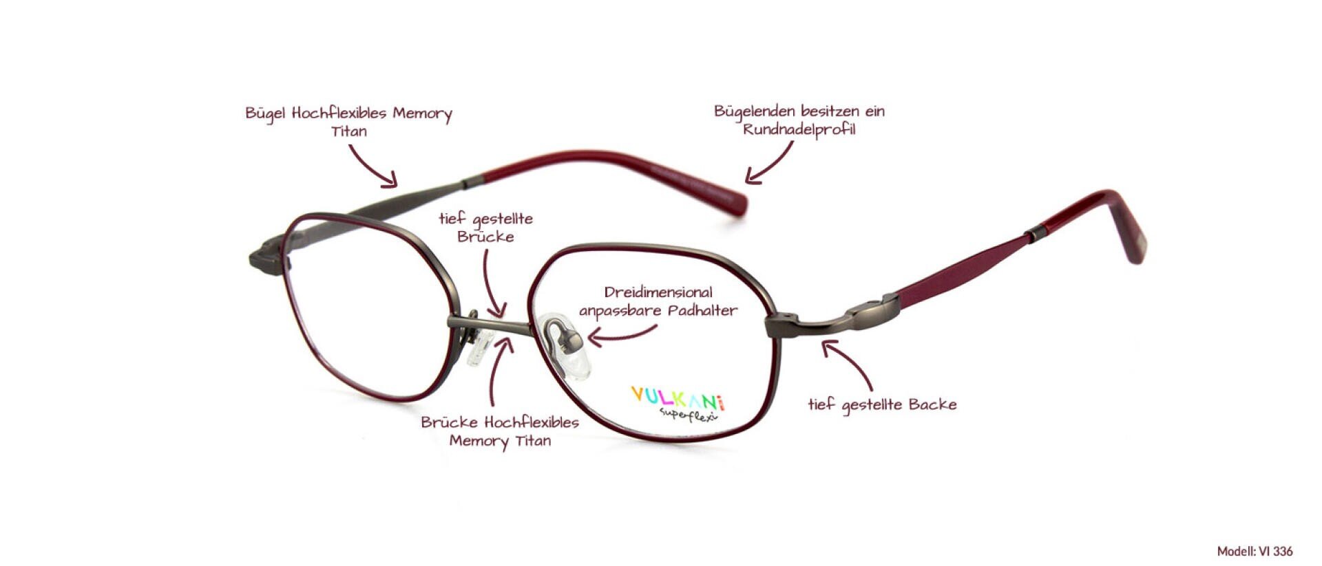 Eine rot-silberne Brille mit deutschen Aufklebern, die auf Merkmale hinweisen, darunter das Material des Rahmens, die verstellbare Nasenauflage, die runde Bügelspitze und die Brückenform. Der Markenname Vulkan ist auf einem Glas sichtbar.
