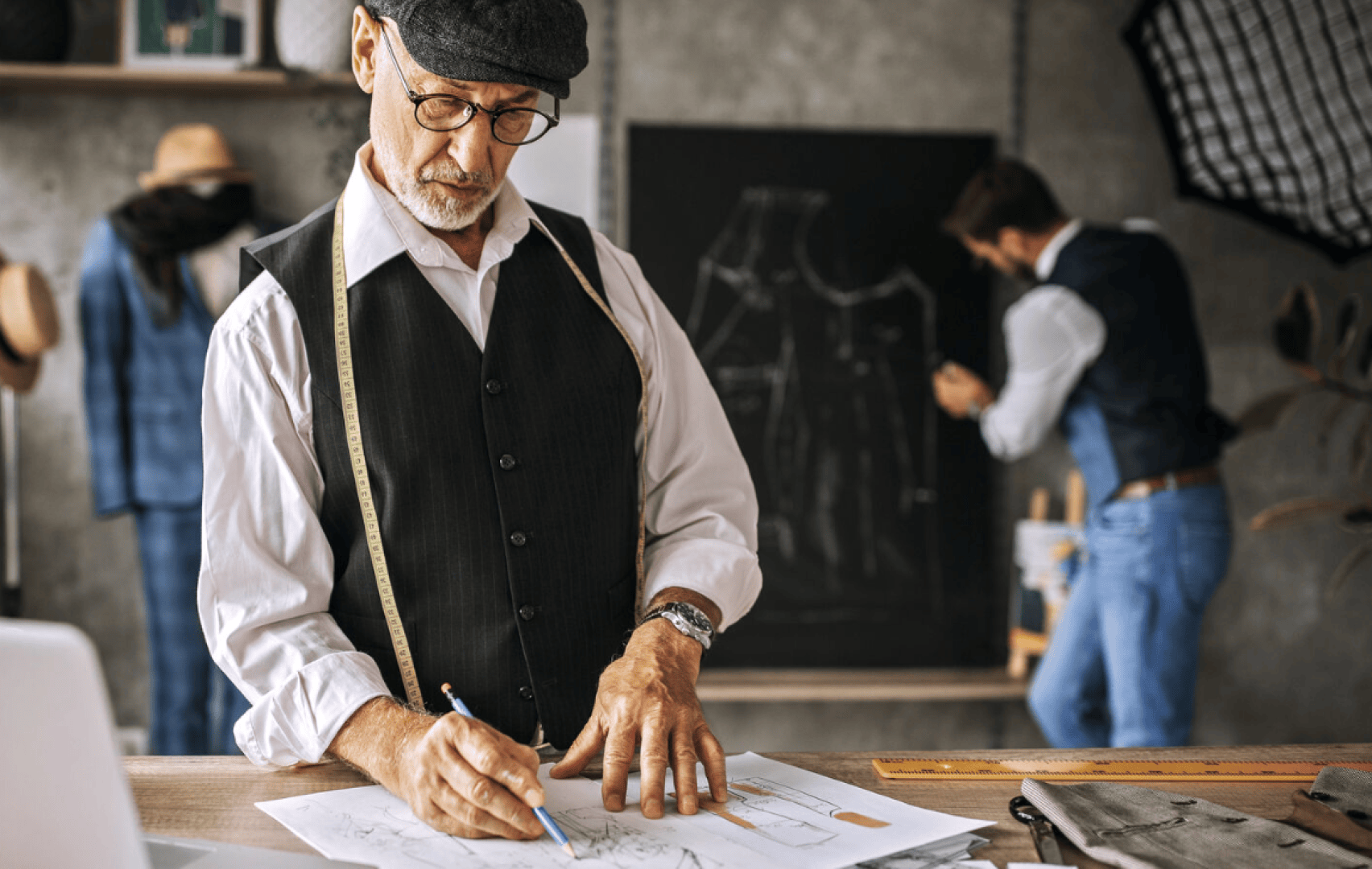 Ein älterer Mann mit Weste, Schiebermütze und Maßband entwirft an einem Schreibtisch Kleidungsmuster, während ein anderer Mann in einer stilvollen Werkstatt Entwürfe auf einer Tafel skizziert.