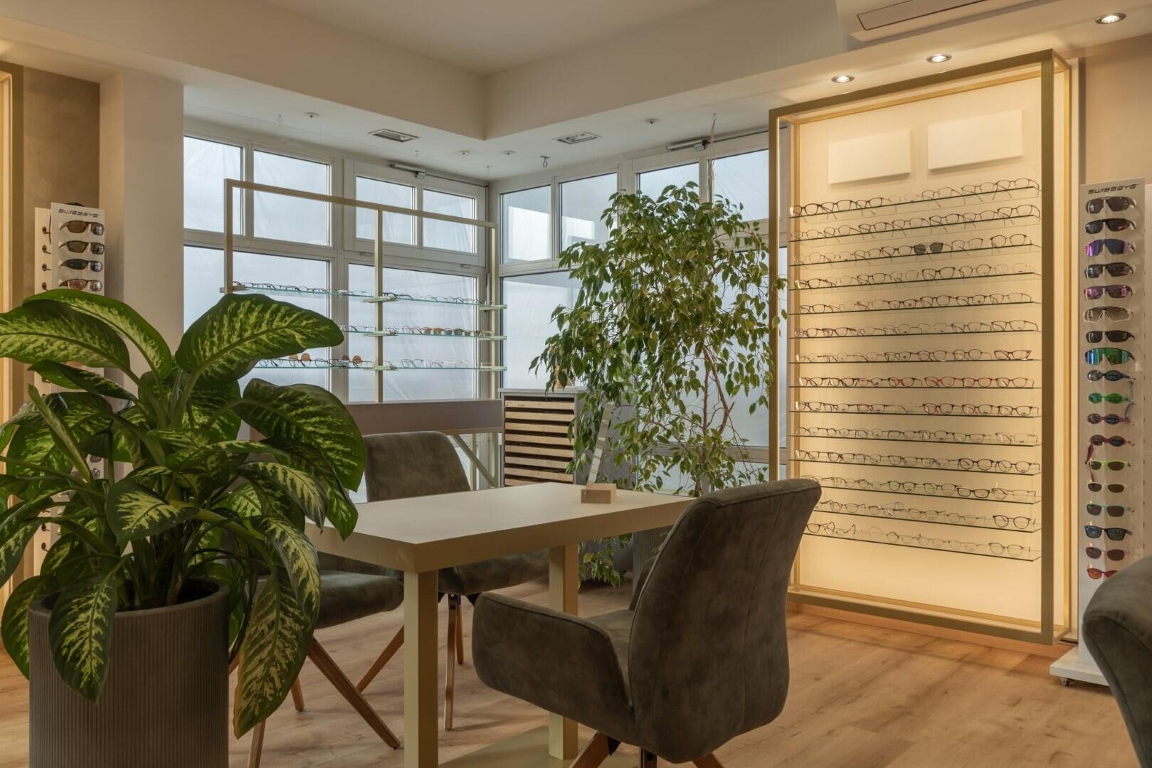 Moderne Optikerpraxis mit einer Brillenausstellungswand, einem Tisch mit zwei Stühlen, großen Topfpflanzen und Sonnenbrillenständern neben großen Fenstern, die natürliches Licht hereinlassen.