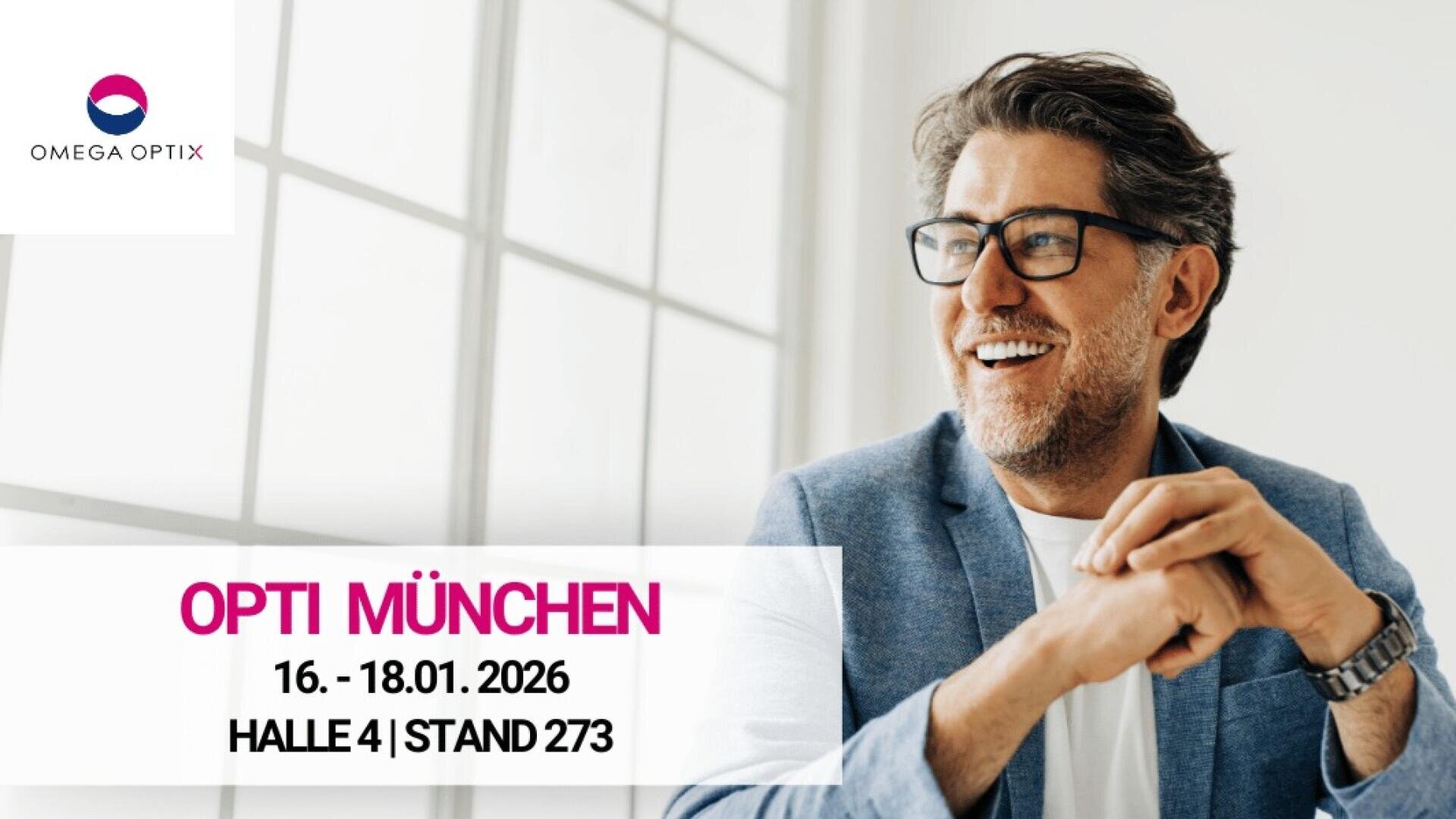 A smiling man with glasses and a light blue blazer sits at a window. The event details for Opti Munich 2026 are displayed: January 16-18, Hall 4, Stand 273, with the Omega Optix logo in the top left corner.