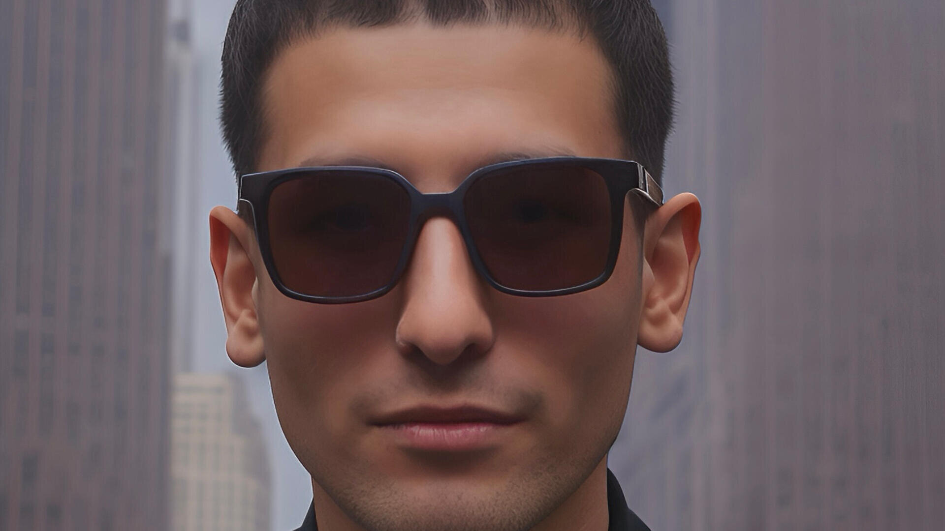 Ein Mann mit kurzen dunklen Haaren und einer großen, dunklen Sonnenbrille steht im Freien in einer Stadt, im Hintergrund sind hohe Gebäude unscharf zu sehen.