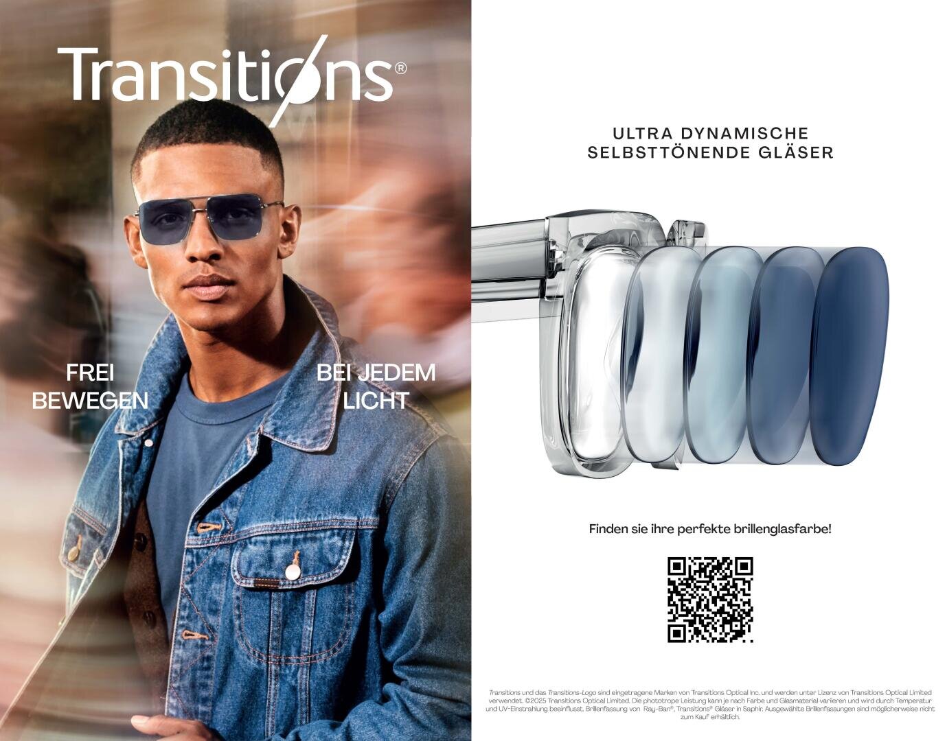 Ein Mann in einer Jeansjacke trägt eine Sonnenbrille mit wechselnden Gläsern. Auf der rechten Seite sind Nahaufnahmen von Gläsern in vier Tönungen zu sehen, mit deutschem Text, der für dynamische selbsttönende Brillen wirbt. Am unteren Rand befindet sich ein QR-Code.