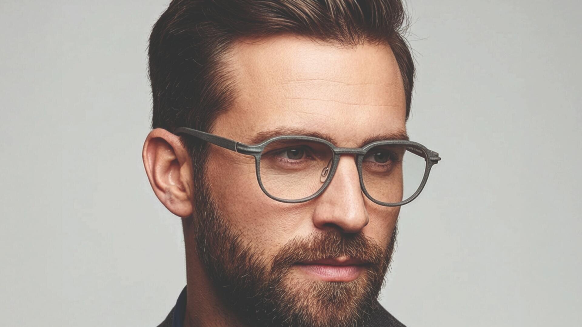 Ein Mann mit kurzen braunen Haaren, einem Bart und einer Brille trägt ein blaues Hemd und einen grauen Blazer und blickt vor einem schlichten hellen Hintergrund leicht zur Seite.