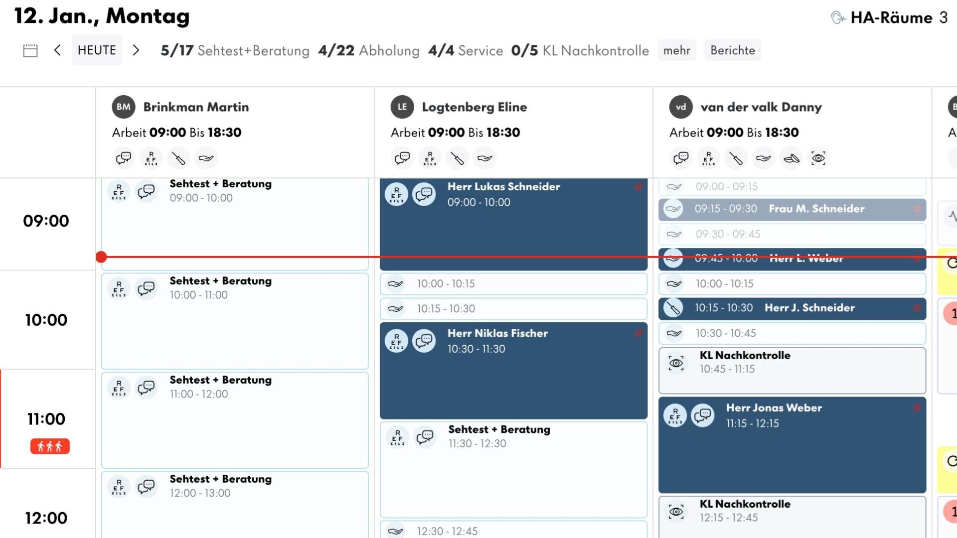A digital appointment calendar for January 12, Monday, with three columns for Brinkmann Martin, Logtenberg Eline and van der van Damy. Each column lists the appointments with times, client names and consultation types in blue and white boxes.