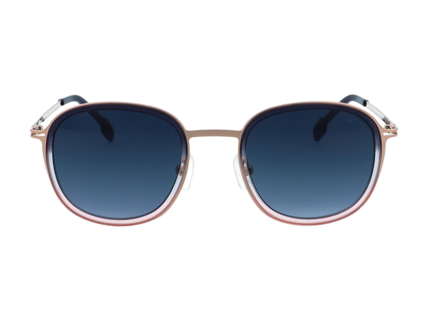 Vorderansicht einer stilvollen Sonnenbrille mit dünnen, goldenen Metallrahmen und runden, dunkelblauen Verlaufsgläsern. Die Nasenpads sind klar, und die Bügel sind dunkel gefärbt.