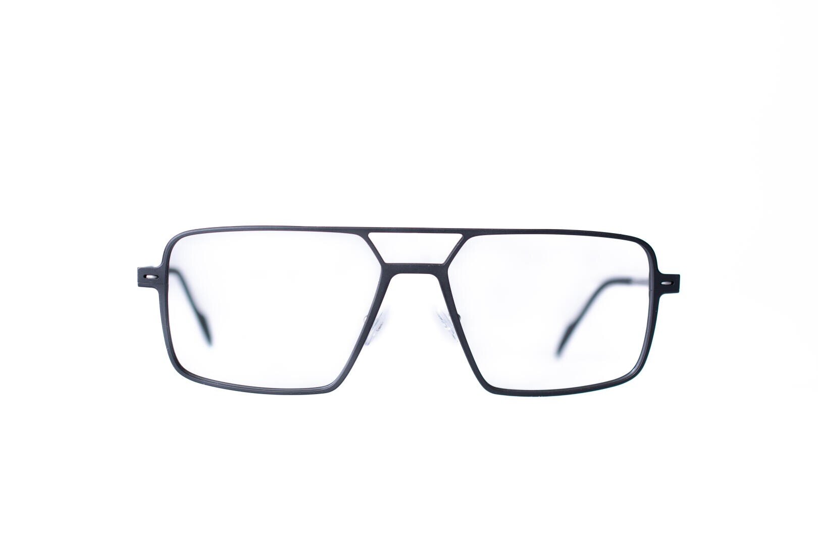 A pair of black, rectangular eyeglasses with clear lenses, displayed on a white background. The frame has a double bridge and wide arms.