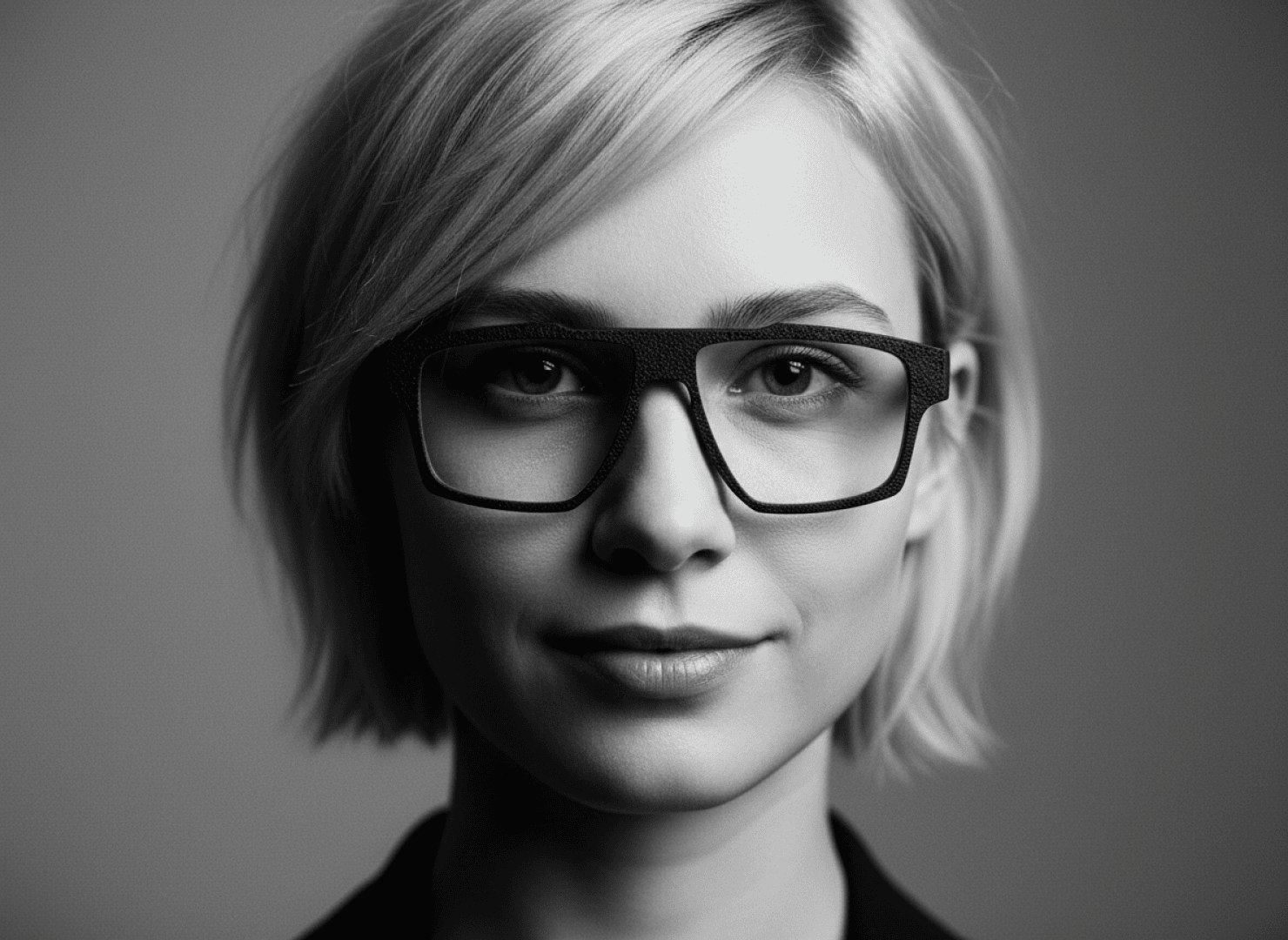 A woman with short blonde hair and large, dark-rimmed glasses looks into the camera with a slight smile, against a plain, softly lit background.