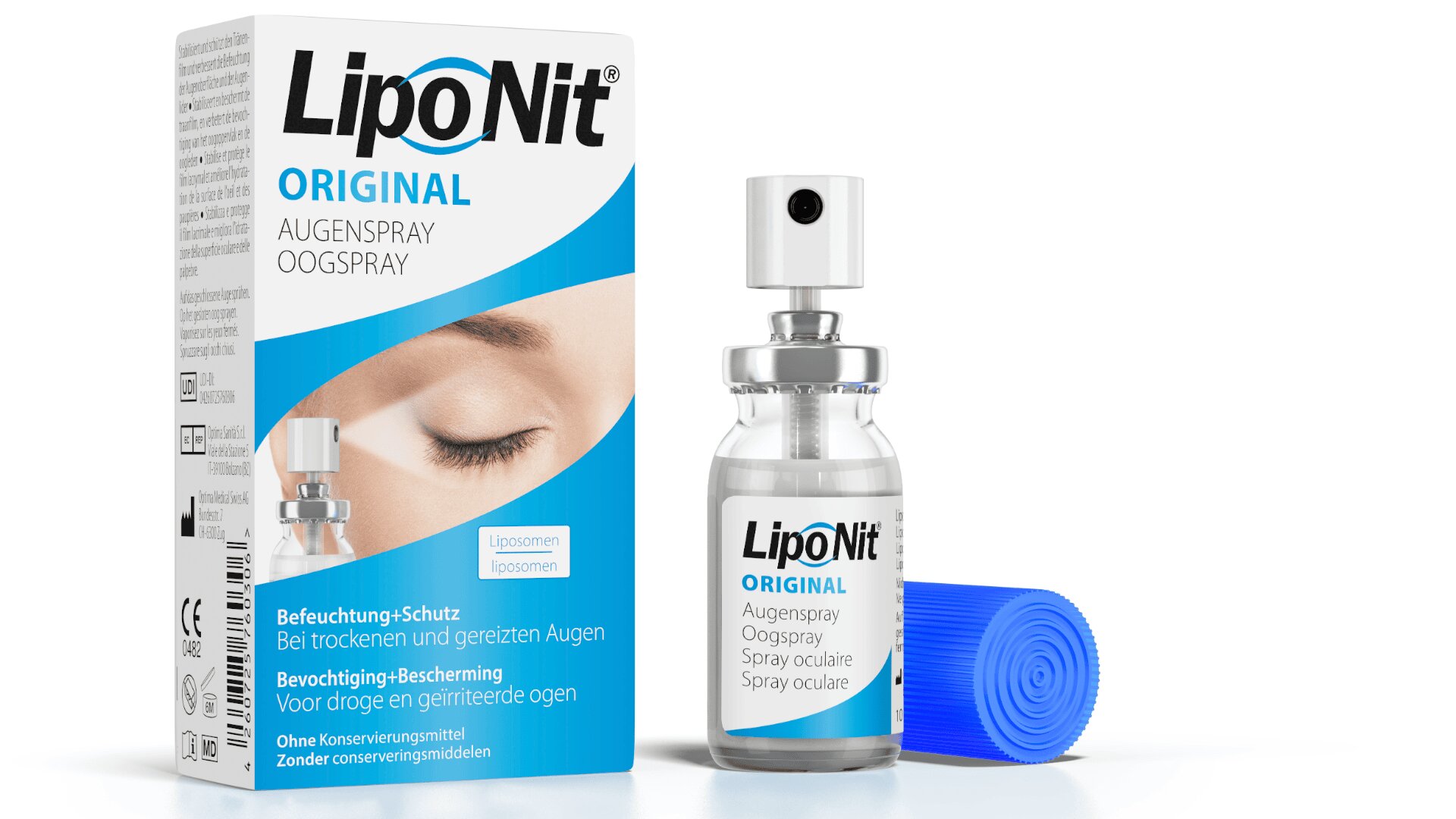 Abgebildet sind eine Schachtel und eine Flasche LipoNit Original Augenspray. Auf der Schachtel sind das Bild eines geschlossenen Auges und Produktinformationen in deutscher Sprache abgebildet. Neben der transparenten Sprühflasche befindet sich eine blaue Schutzkappe.