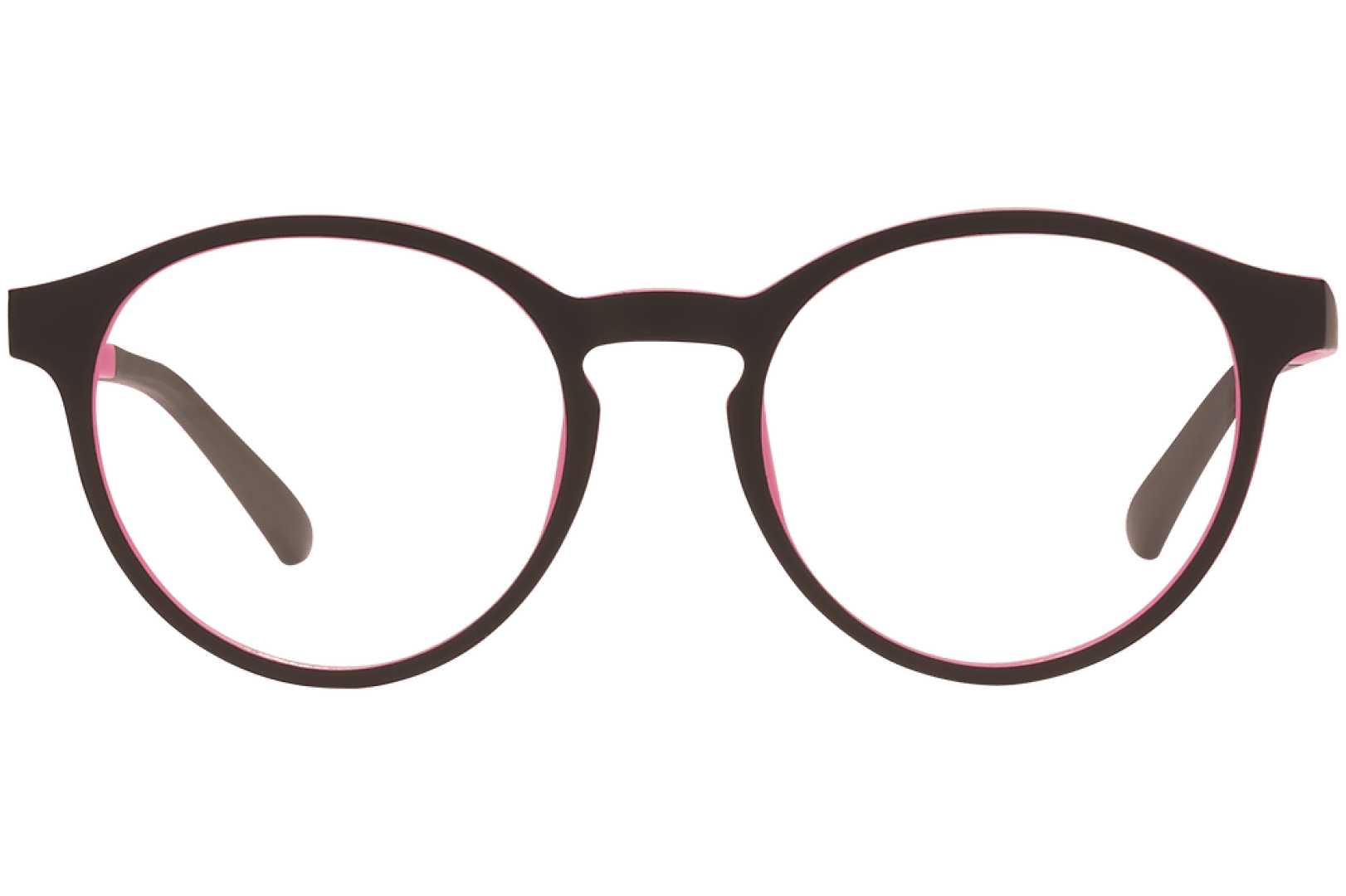 A pair of round eyeglasses with a dark frame and pink inner rim, viewed from the front against a transparent background.