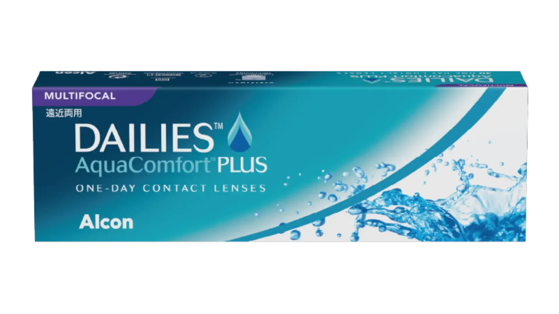Eine blau-weiße Schachtel mit Dailies AquaComfort Plus Eintageskontaktlinsen von Alcon, oben links mit der Aufschrift „Multifocal“. Auf der rechten Seite der Verpackung sind Wasserspritzer abgebildet.
