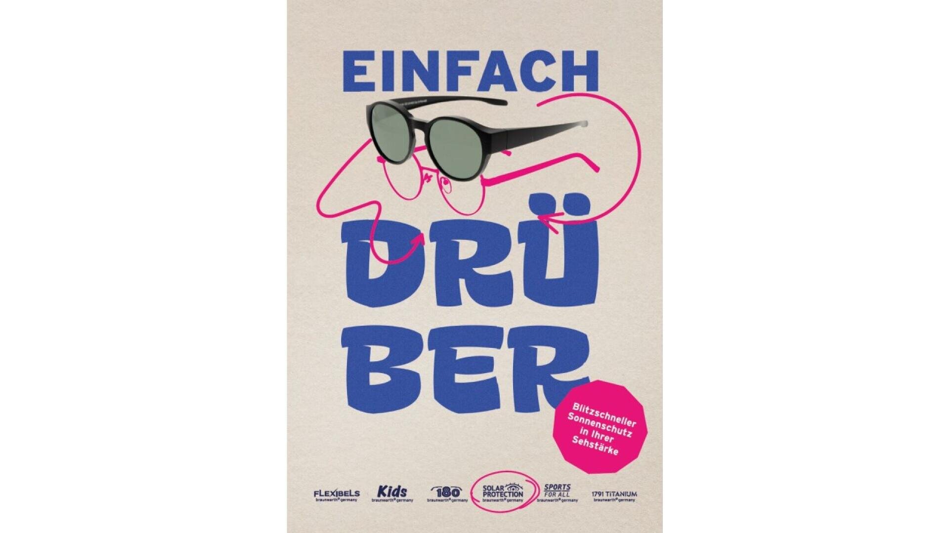 Poster with the text EINFACH DRÜBER in blue, featuring sunglasses outlined by a pink line forming a face. Pink label reads Blitzschneller Sonnenschutz in jeder Sehstärke. Logos at bottom of the poster.