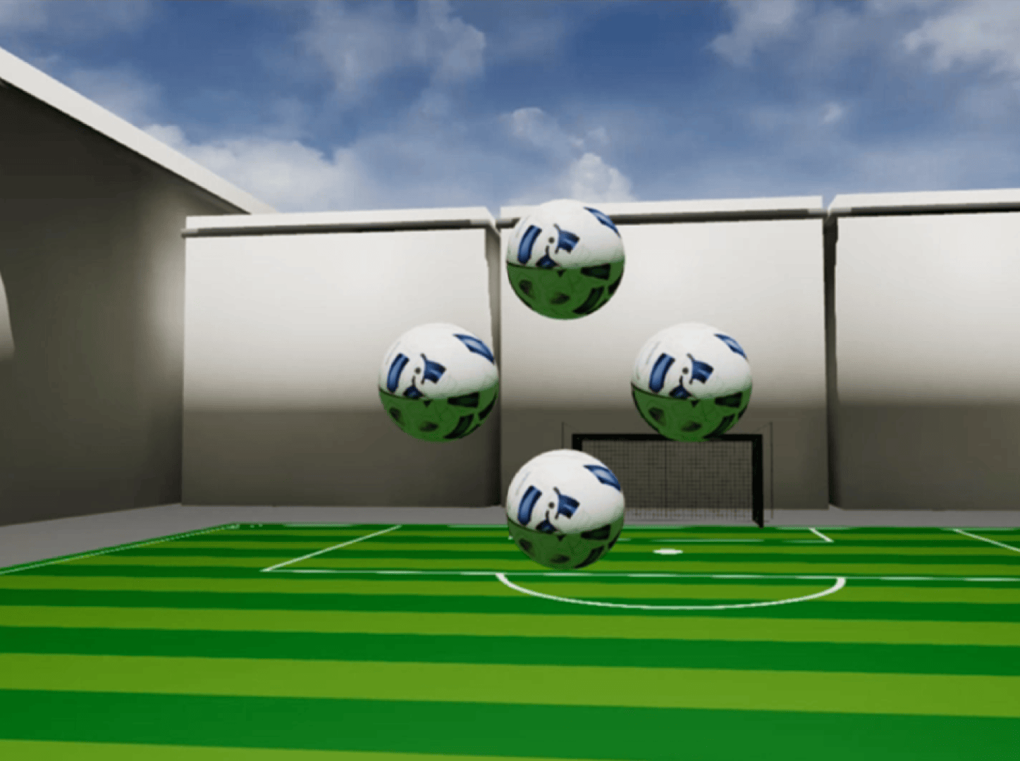 Four footballs float above a green-striped soccer pitch with a goalpost in the background. The scene takes place outdoors, the sky is partly cloudy and high white walls surround the pitch.