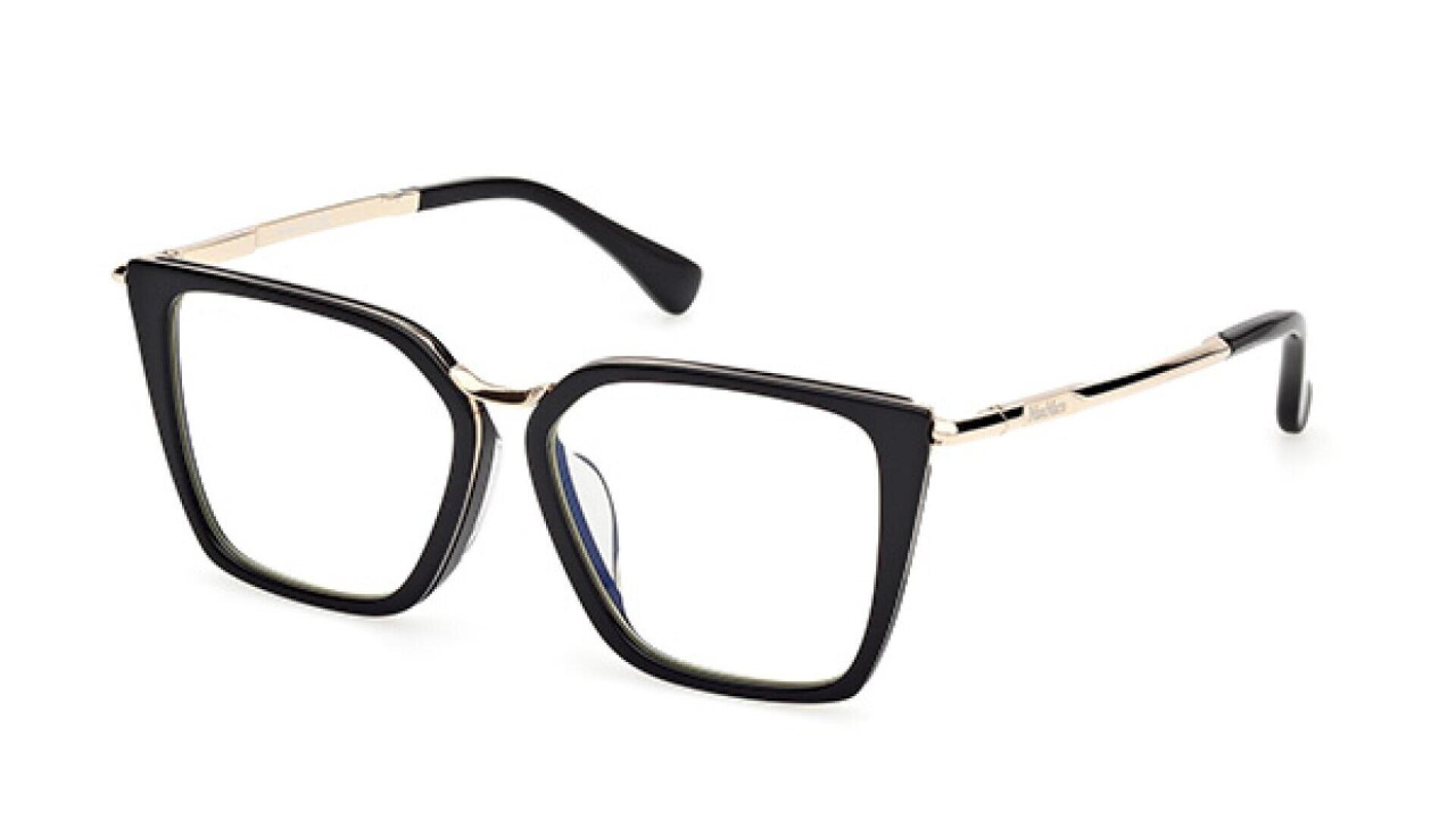A pair of eyeglasses with large, black square frames and gold metal arms, displayed on a white background.