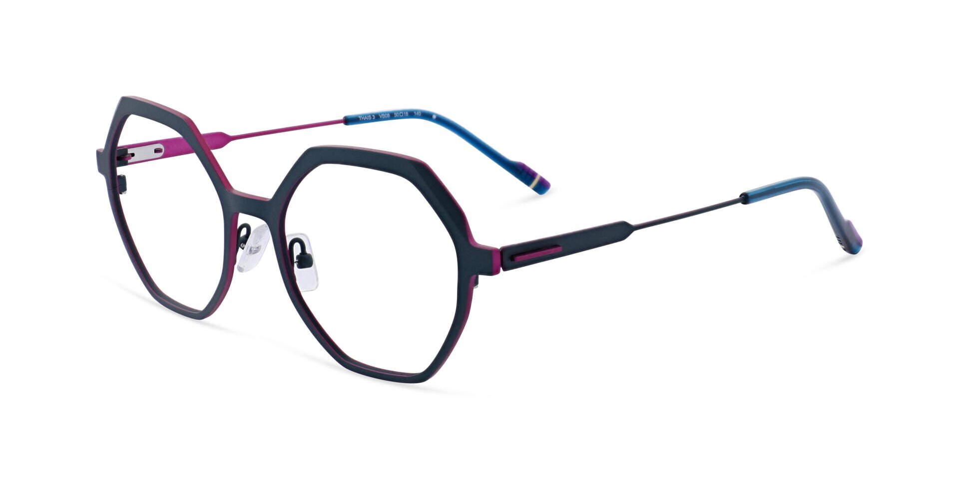 Spectacles with a geometric, hexagonal frame in black and purple, with thin metal temples with blue tips and adjustable nose pads, shown on a white background.