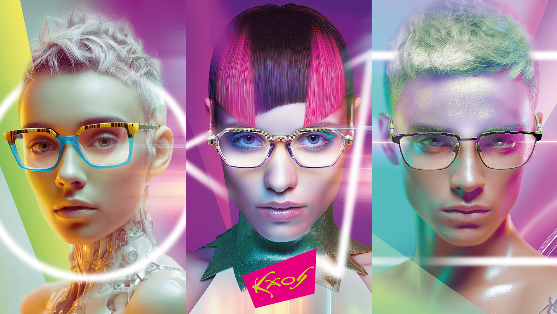 Three digitally styled portraits of people with short, futuristic haircuts and vibrant, colorful lighting, all wearing eye-catching, geometric glasses. A neon pink logo with the word "FROZ" appears in the bottom center.