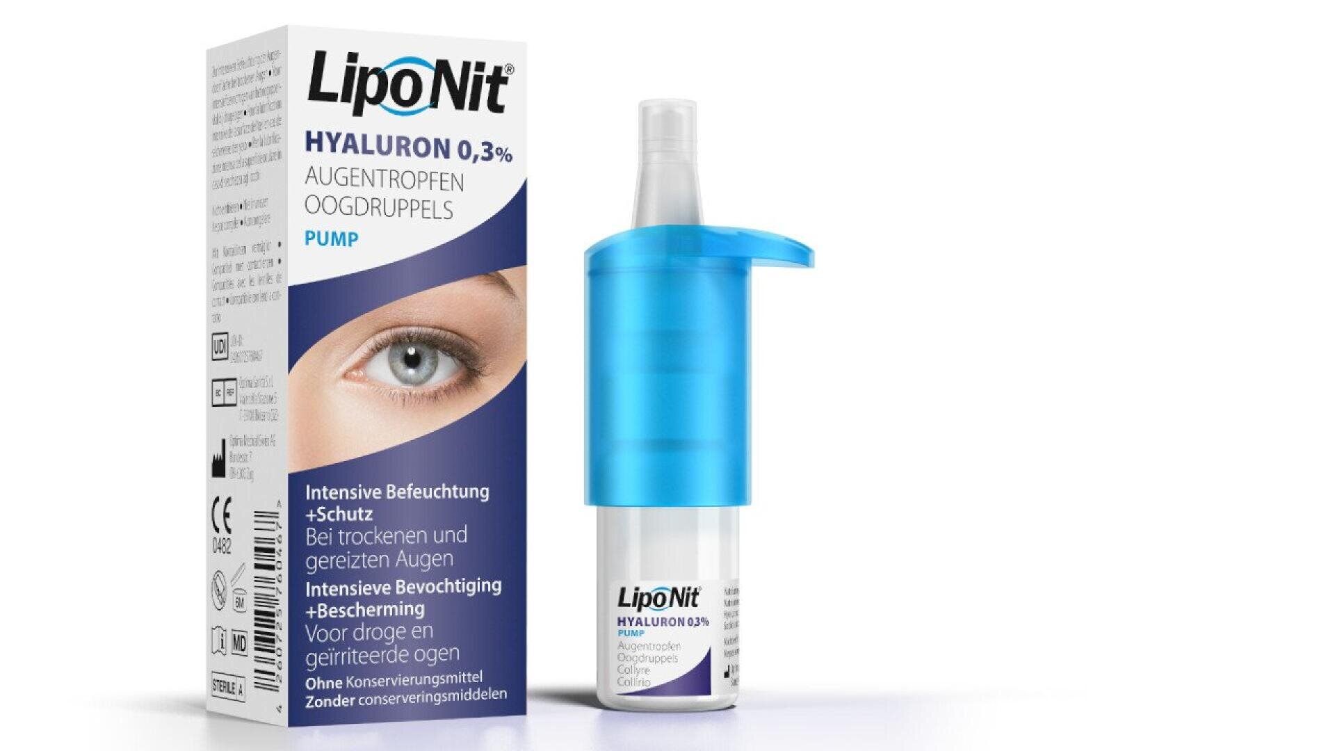 A box and bottle of LipoNit Hyaluron 0.3% eye drops. The box features an image of a blue eye and product information in German. The bottle has a blue cap and white label matching the box design.
