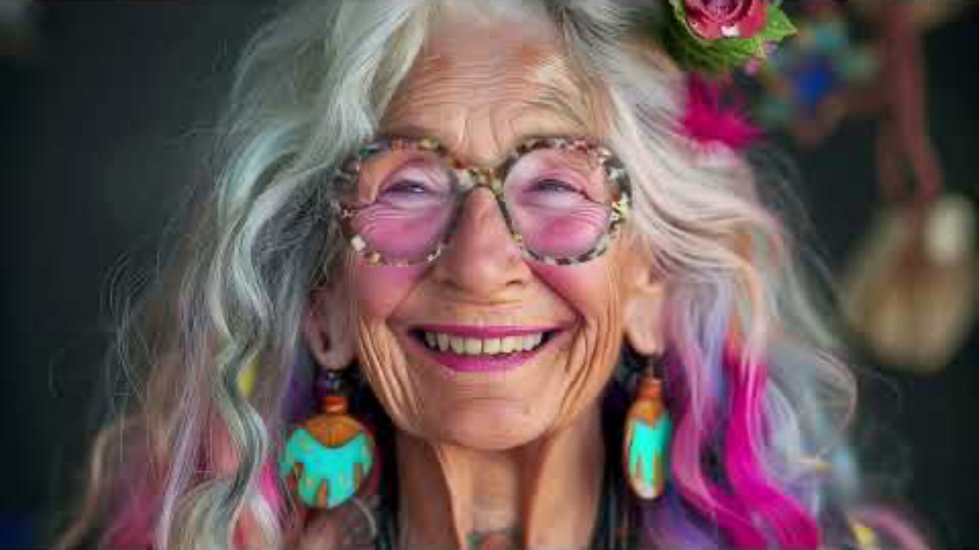 An elderly woman with long, wavy, gray hair streaked with pink and purple smiles warmly. She wears large, round glasses, colorful earrings, a floral hair accessory, and bright pink lipstick.