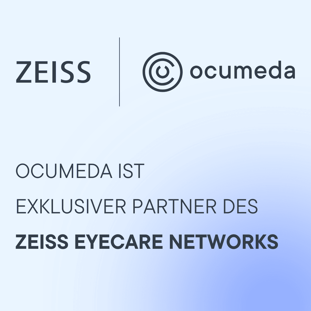 ZEISS- und Ocumeda-Logos mit deutschem Text: Ocumeda ist exklusiver Partner des ZEISS Eyecare Networks auf hellblauem Hintergrund.