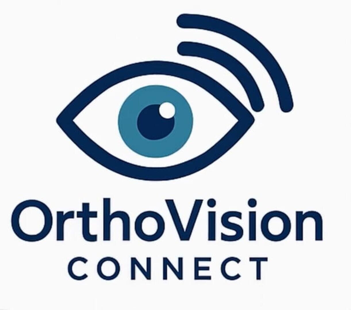 Logo mit einem stilisierten blauen Auge und drei geschwungenen Linien darüber, die Konnektivität suggerieren. Unter dem Bild steht in dunkelblauer Schrift OrthoVision CONNECT.