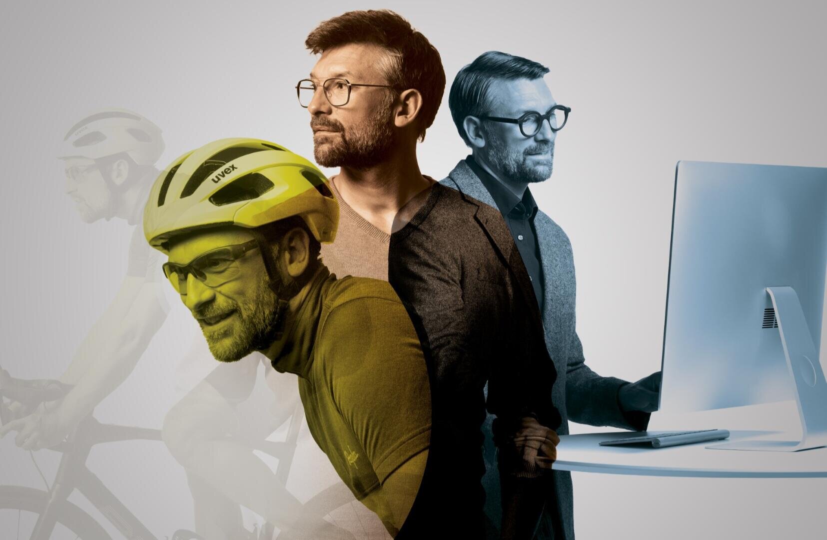 Ein Mann erscheint dreimal: auf dem Fahrrad in Sportkleidung und Helm, stehend in legerer Geschäftskleidung und im Anzug an einem Computer arbeitend, was verschiedene Aspekte seines Lebens symbolisiert.