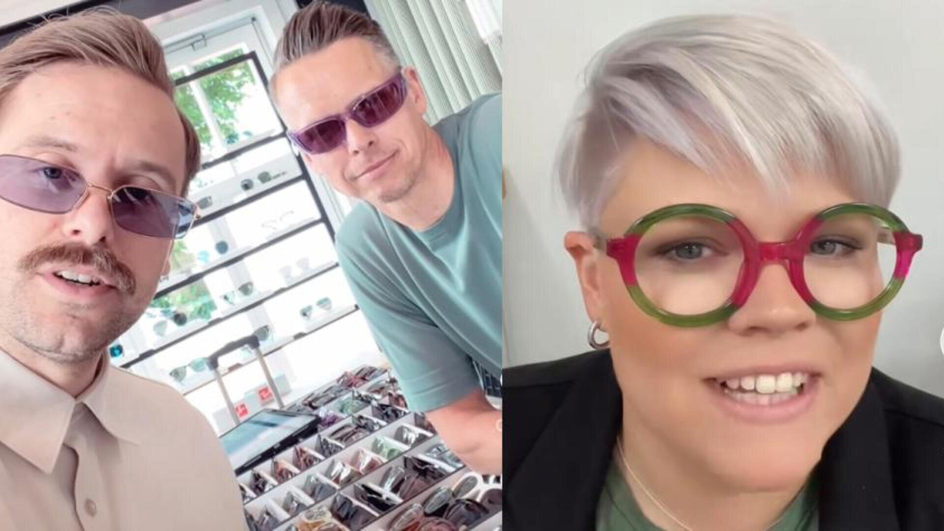 Zwei Männer mit Sonnenbrillen stehen vor einer Brillenvitrine, rechts trägt eine Frau mit kurzem hellem Haar eine große grün-rosa Brille und lächelt in die Kamera.
