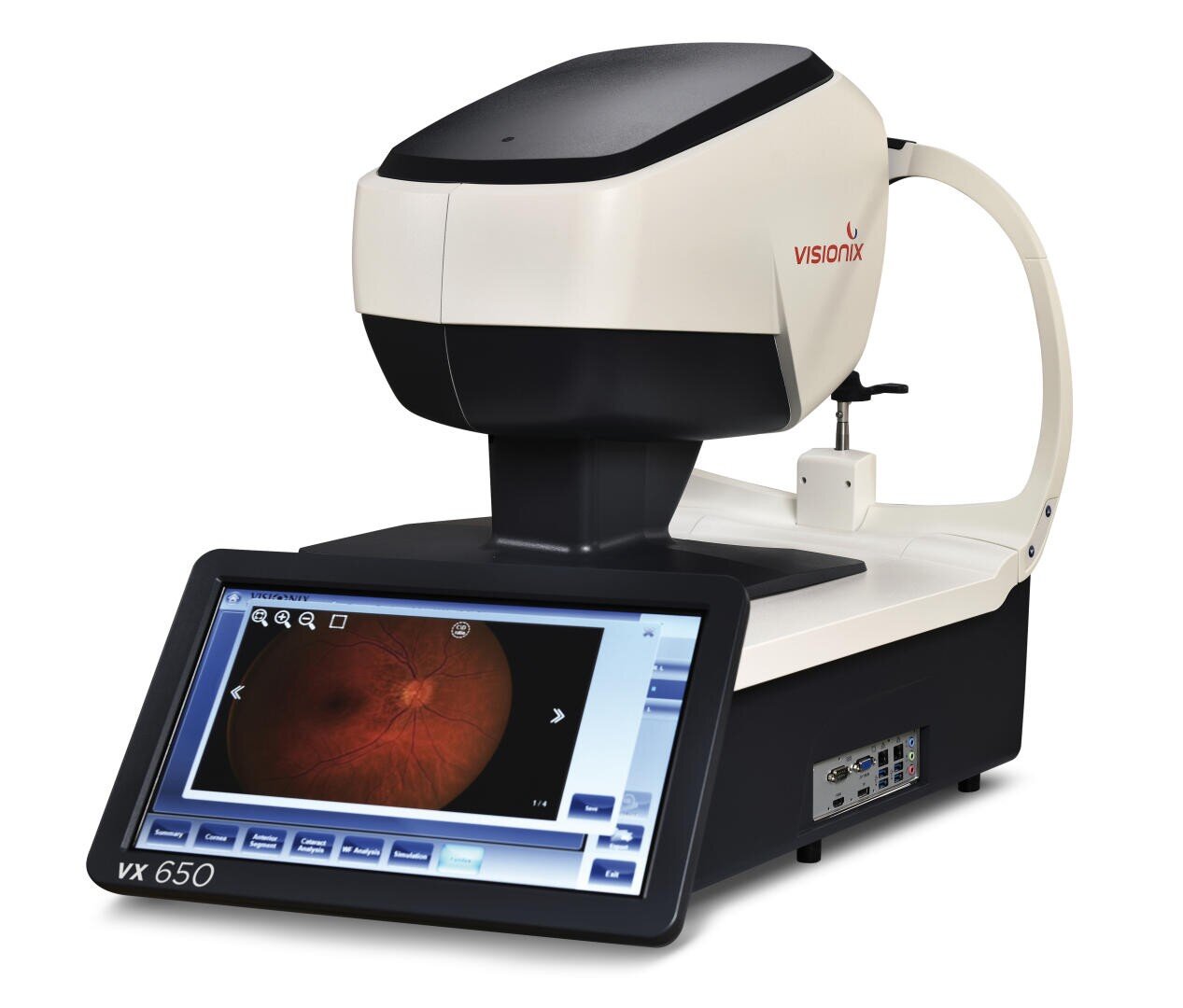 Ein medizinisches Gerät mit einem Touchscreen-Display, das ein detailliertes Bild der Netzhaut eines Auges zeigt. Das Gerät trägt die Bezeichnungen VISIONIX und vx 650 und wird für Augenuntersuchungen verwendet.