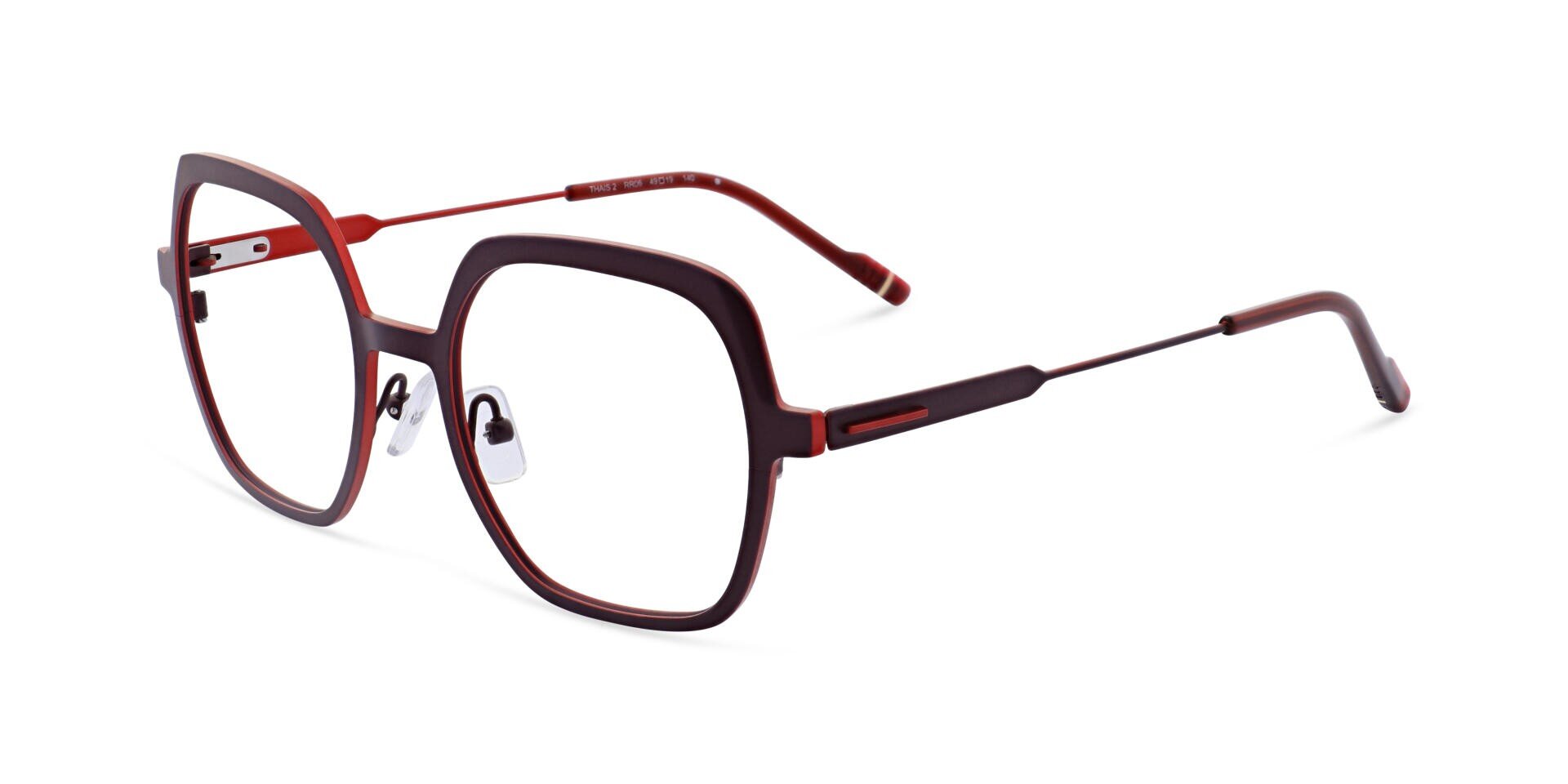 Red and black geometric glasses with a thin metal frame, rectangular lenses, adjustable nose pads and straight temples with red tips, shown on a white background.