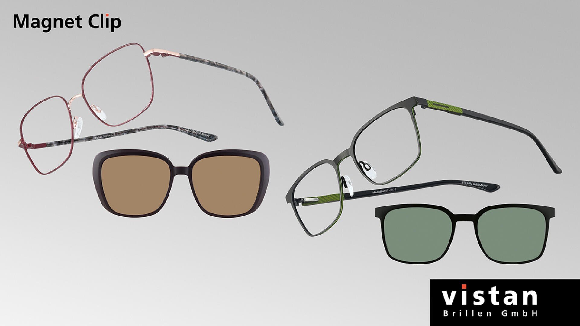 Vier Brillen und Sonnenbrillen mit magnetischen Clip-Gläsern sind auf einem hellen Hintergrund mit Farbverlauf abgebildet. Oben links steht der Schriftzug "Magnet Clip", unten rechts das Logo der Vistan Brillen GmbH.