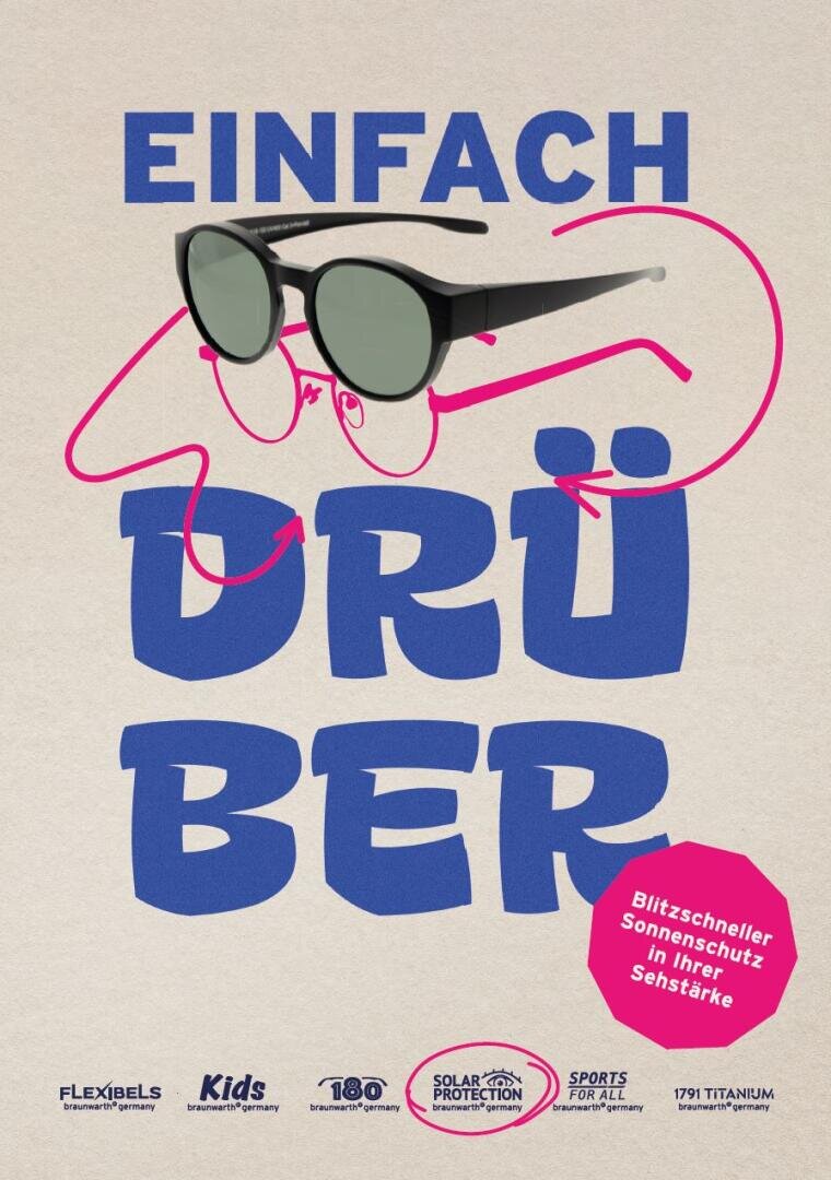 Poster mit großem blauen Text EINFACH DRÜBER und einer Zeichnung einer Sonnenbrille über einer illustrierten Brille. Auf einem rosa Schild steht „Blitzschneller Sonnenschutz in Ihrer Sehstärke“. Unten befinden sich verschiedene Logos.