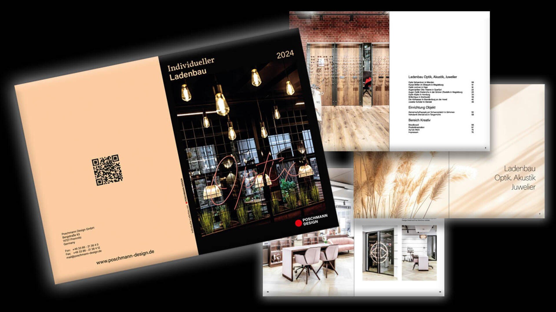Eine Broschüre für Individueller Ladenbau 2024 mit Bildern moderner Innenarchitektur, Hängelampen, QR-Code und sanften Beigetönen, die stilvolle Ladenlayouts und Dekorationselemente präsentiert.