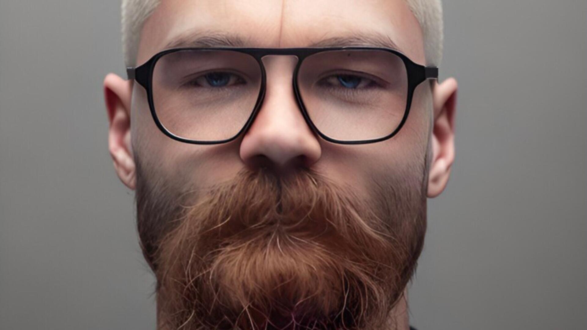 A person with light skin, a full reddish-brown beard and mustache, short blond hair, and wearing large black-framed glasses, looks directly at the camera with a neutral expression against a plain background.