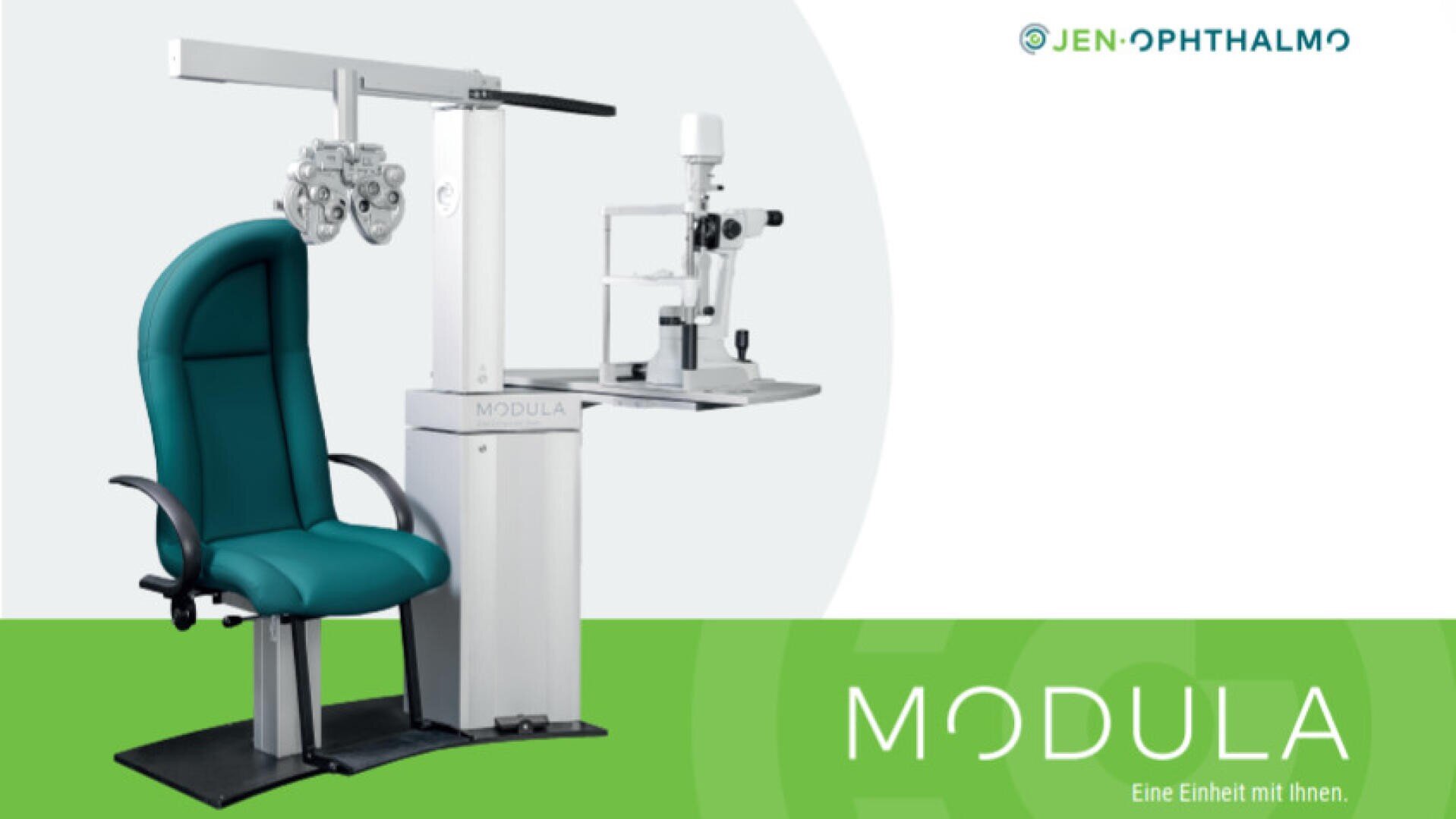 A modern ophthalmology examination unit with a blue-green patient chair, a phoropter and a slit lamp on a white and green background. The words MODULA and A unit with you. appear at the bottom.