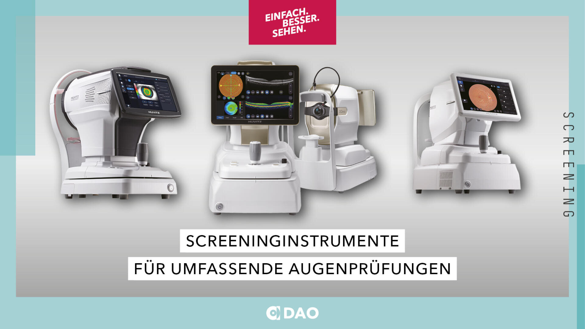 Drei fortschrittliche Augenuntersuchungsgeräte sind nebeneinander vor einem hellen Hintergrund abgebildet, mit deutschem Text, der für umfassende Augenuntersuchungen wirbt, und dem Logo des Unternehmens am unteren Rand.