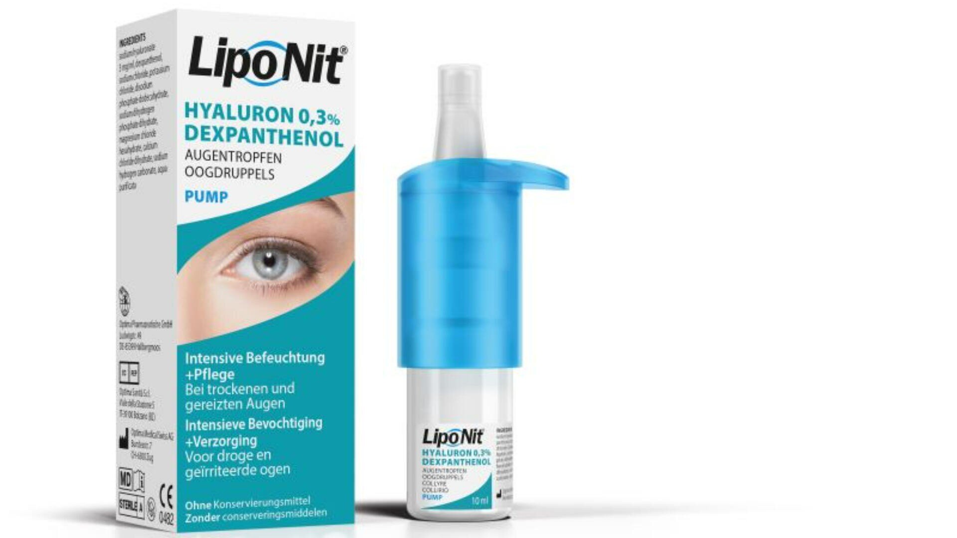 Eine Schachtel und eine Pumpflasche mit LipoNit Hyaluron 0,3 % Dexpanthenol-Augentropfen. Auf der Verpackung ist eine Nahaufnahme eines Auges abgebildet, außerdem sind Produktdetails auf Deutsch und Niederländisch zu sehen. Die Pumpe hat einen blauen Verschluss.
