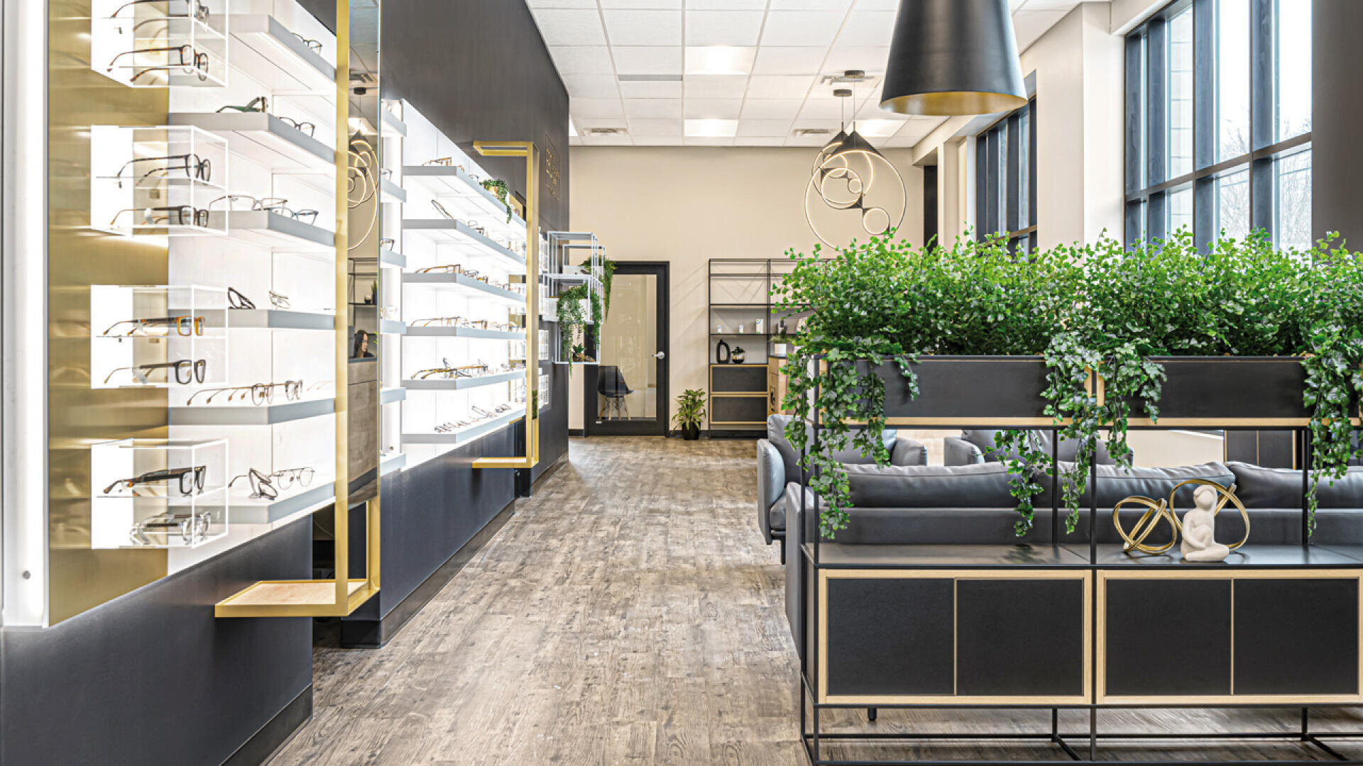A modern optometry office with eyeglasses displayed on illuminated wall shelves, large windows letting in natural light, plants on shelves, and a seating area with gray chairs.