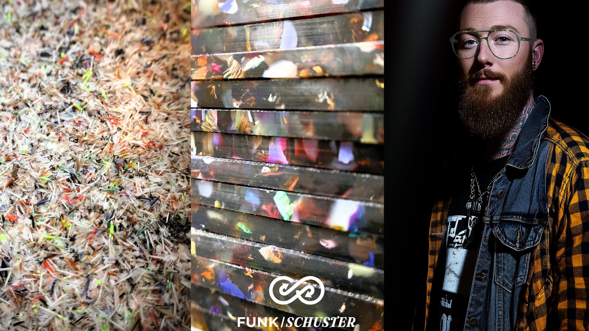 Eine Collage mit geschreddertem farbigem Papier auf der linken Seite, lebendig gestapelten Brettern in der Mitte und einem bärtigen Mann mit Brille und kariertem Hemd auf der rechten Seite; FUNK/SCHUSTER erscheint am unteren Rand.