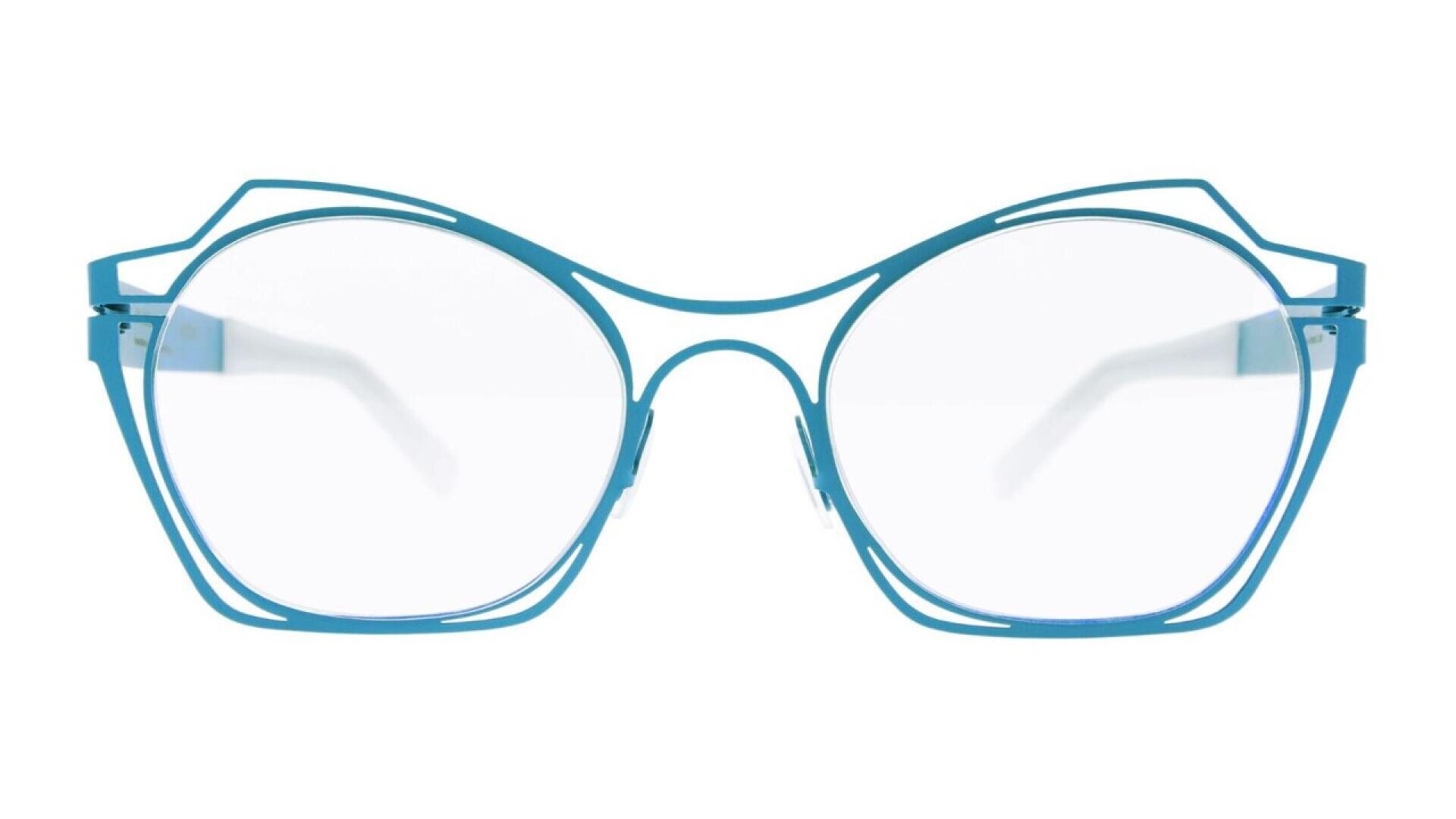 Blue, geometric eyeglasses with round lenses and a unique, layered metal frame design, featuring angular accents at the top corners and clear, transparent lenses.