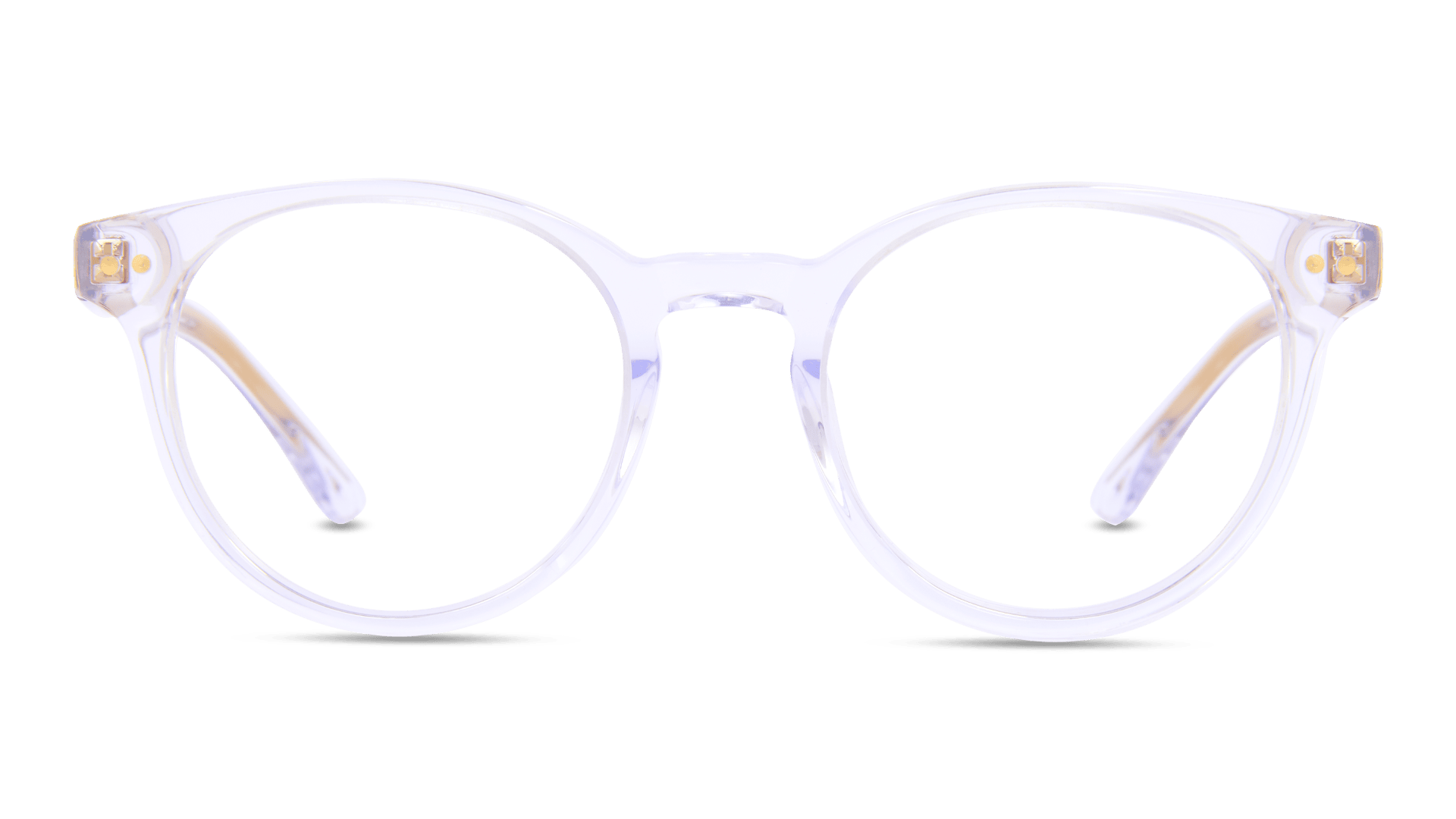 Clear round eyeglasses with transparent frames and slightly curved arms, displayed on a white background.