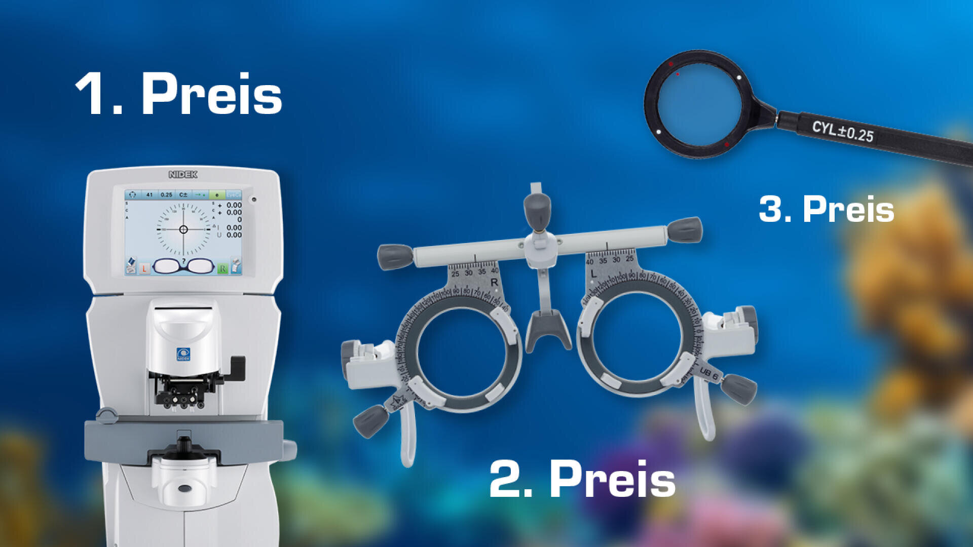 Ein digitales Sehtestgerät (1. Preis), eine Testbrille (2. Preis) und ein Brillenglas (3. Preis) sind vor einem unscharfen blauen Hintergrund dargestellt.