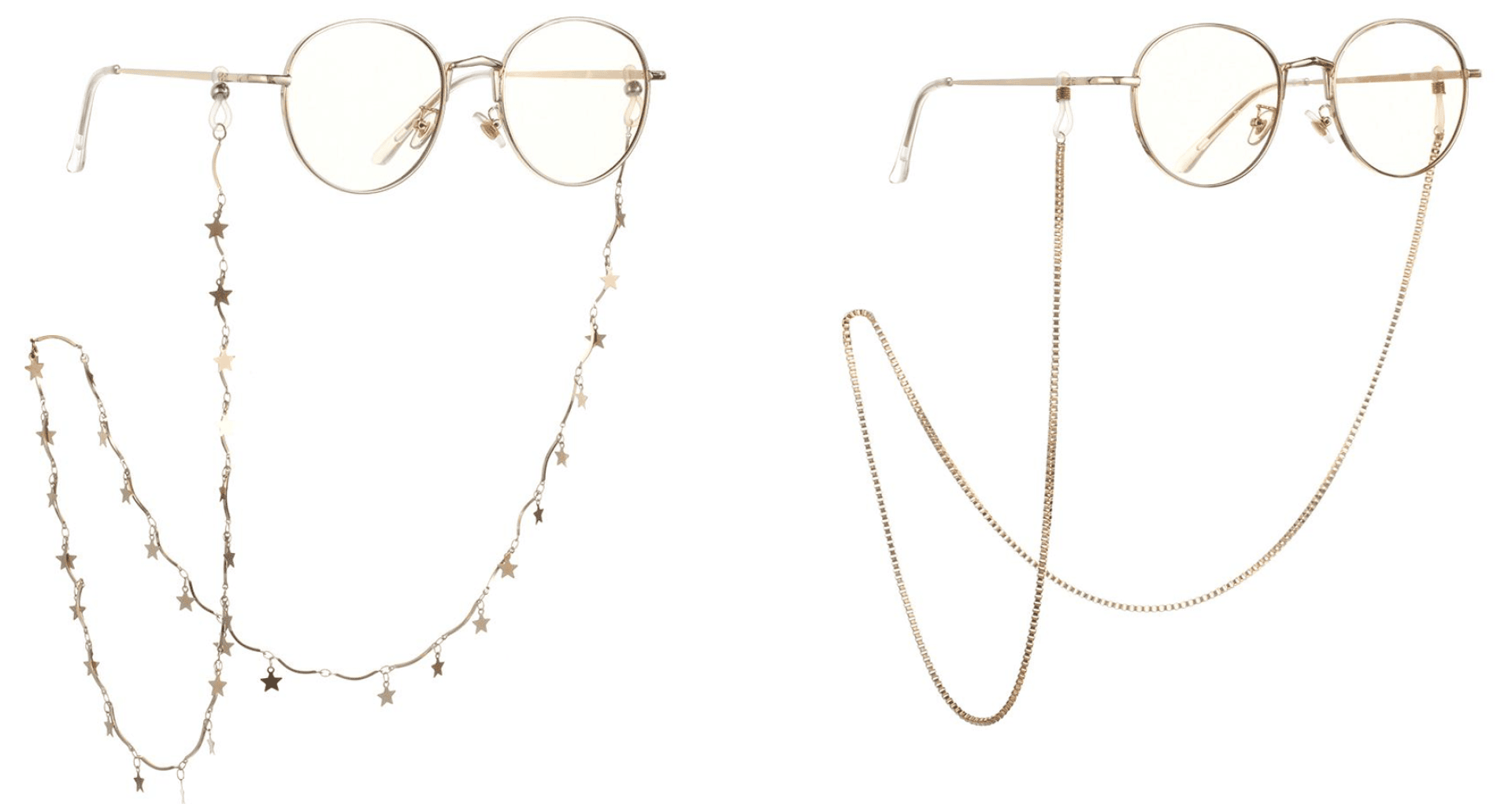 Abgebildet sind zwei runde Brillen mit goldenen Rändern. Die eine ist mit einer sternförmigen Zierkette versehen, die andere mit einer einfachen Goldkette, die an den Bügeln befestigt ist. Beide Ketten sind so gestaltet, dass sie um den Hals gehängt werden können.