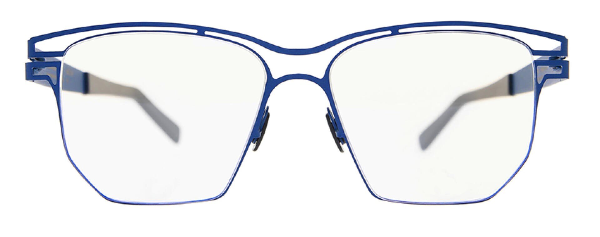 Blaue Brillenfassung aus Metall mit geometrischer Form und Doppelsteg-Design, abgebildet vor weißem Hintergrund.