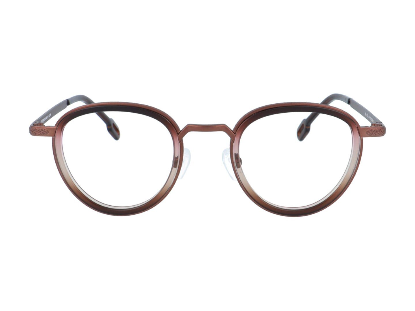 Eine runde, braune Brille mit klaren Gläsern, dünnem Rahmen und leicht gebogenen Bügeln, dargestellt auf weißem Hintergrund.