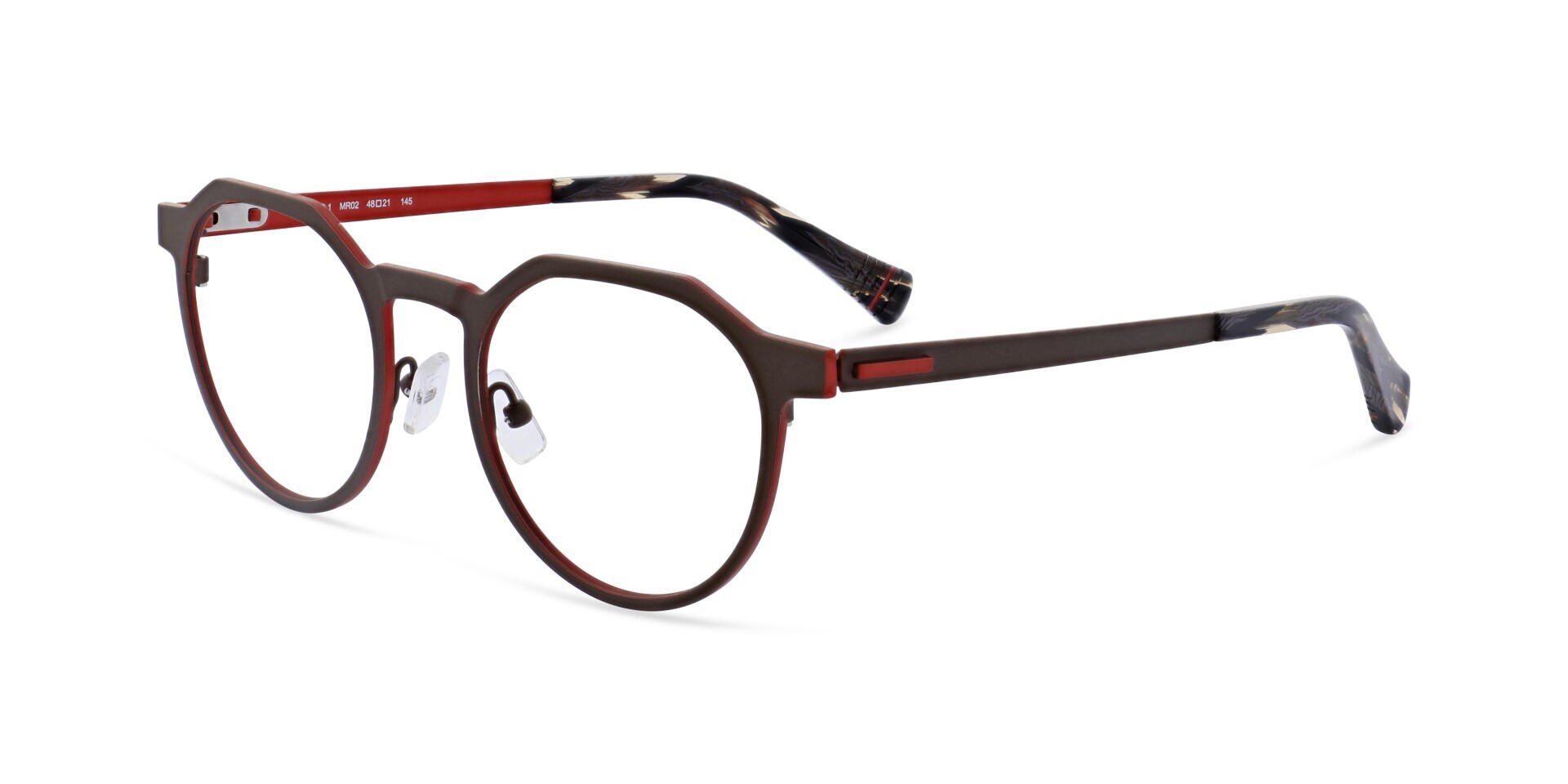 Modern glasses with a round, matt brown frame and red accents on the top and temples, clear nose pads and black and white marbled temple tips.