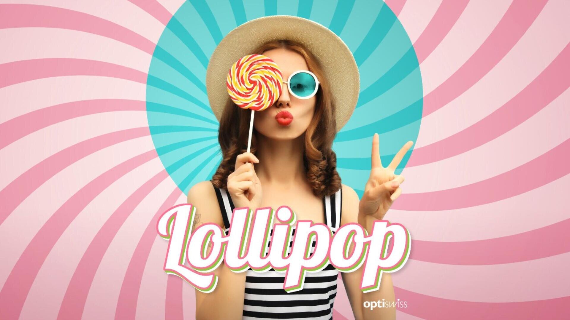 A woman wearing a sunhat, striped top, and blue sunglasses holds a colorful lollipop over one eye and makes a peace sign. The background is a pink and blue swirl, with the word Lollipop in bold letters at the bottom.