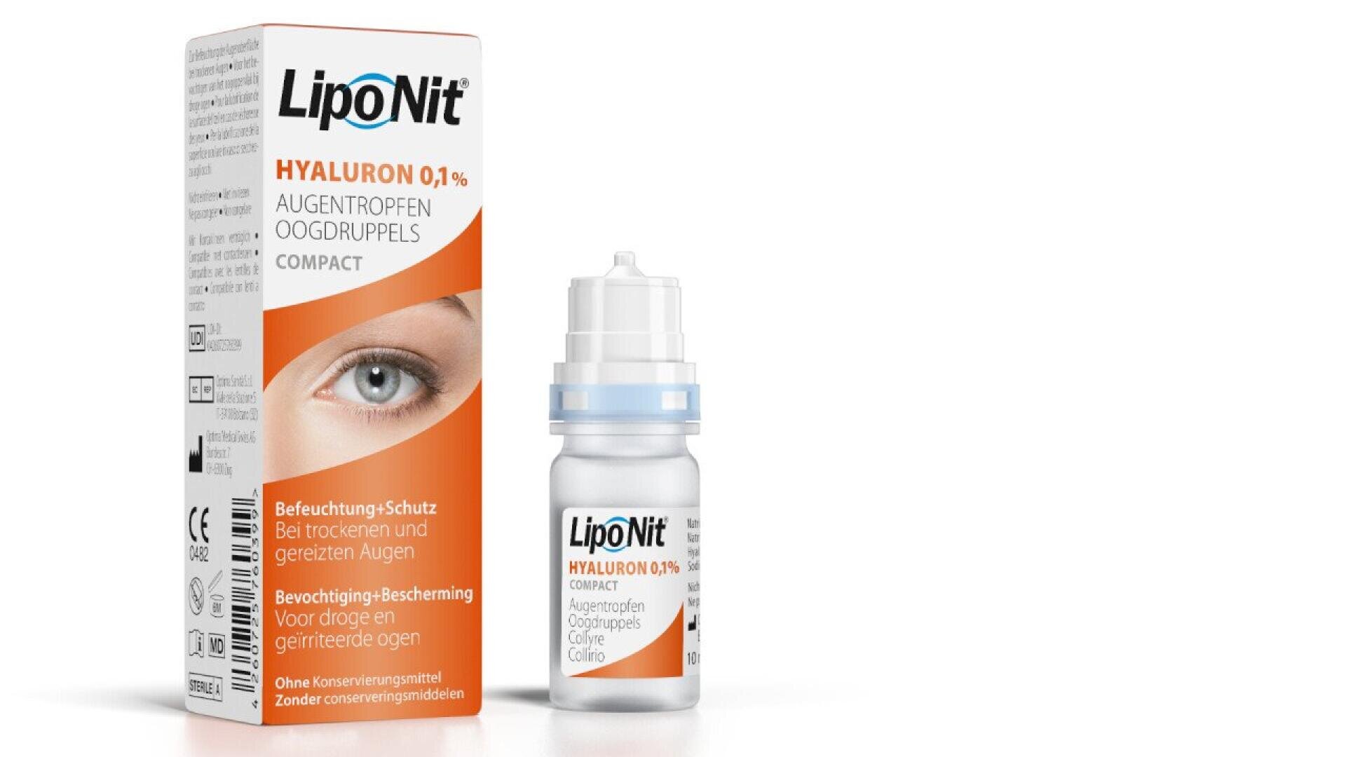 A box and bottle of LipoNit Hyaluron 0.1% eye drops are shown. The box features an image of an eye and text in German and Dutch. The bottle is white with a blue cap and labeled similarly to the box.