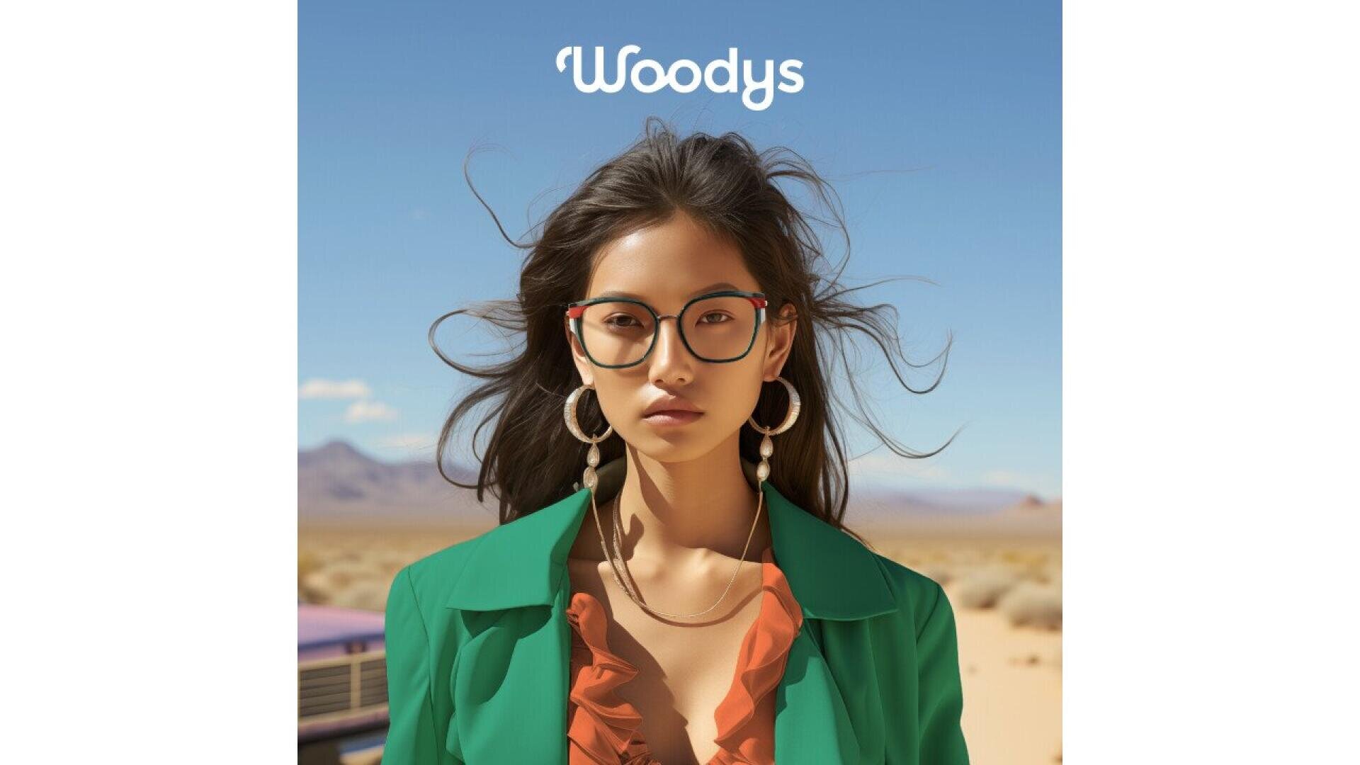 A woman wearing glasses, large hoop earrings, and a green blazer stands outdoors in a desert landscape under a blue sky. The word Woodys is displayed above her head.